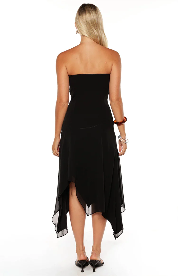 Jannah Black Strapless Hanky Hem Midi Dress