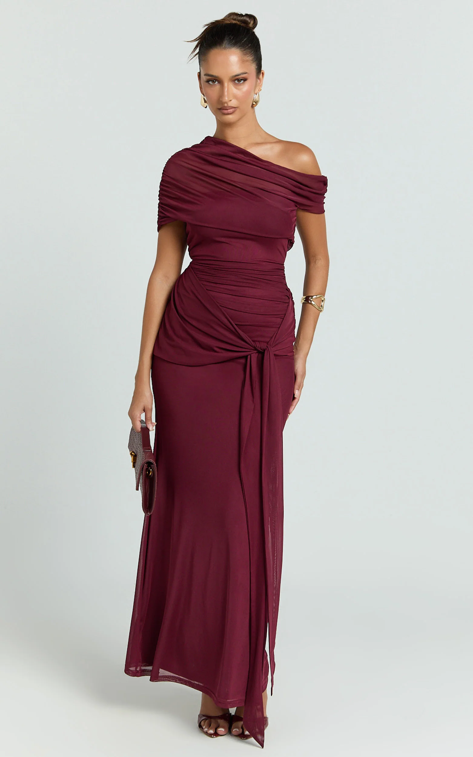 Nicolette Maxi Dress - Cape Sleeve Off Shoulder Dress in Wine