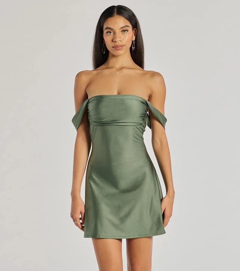 Classics Lover Off-The-Shoulder Satin A-Line Mini Dress in Aurora
