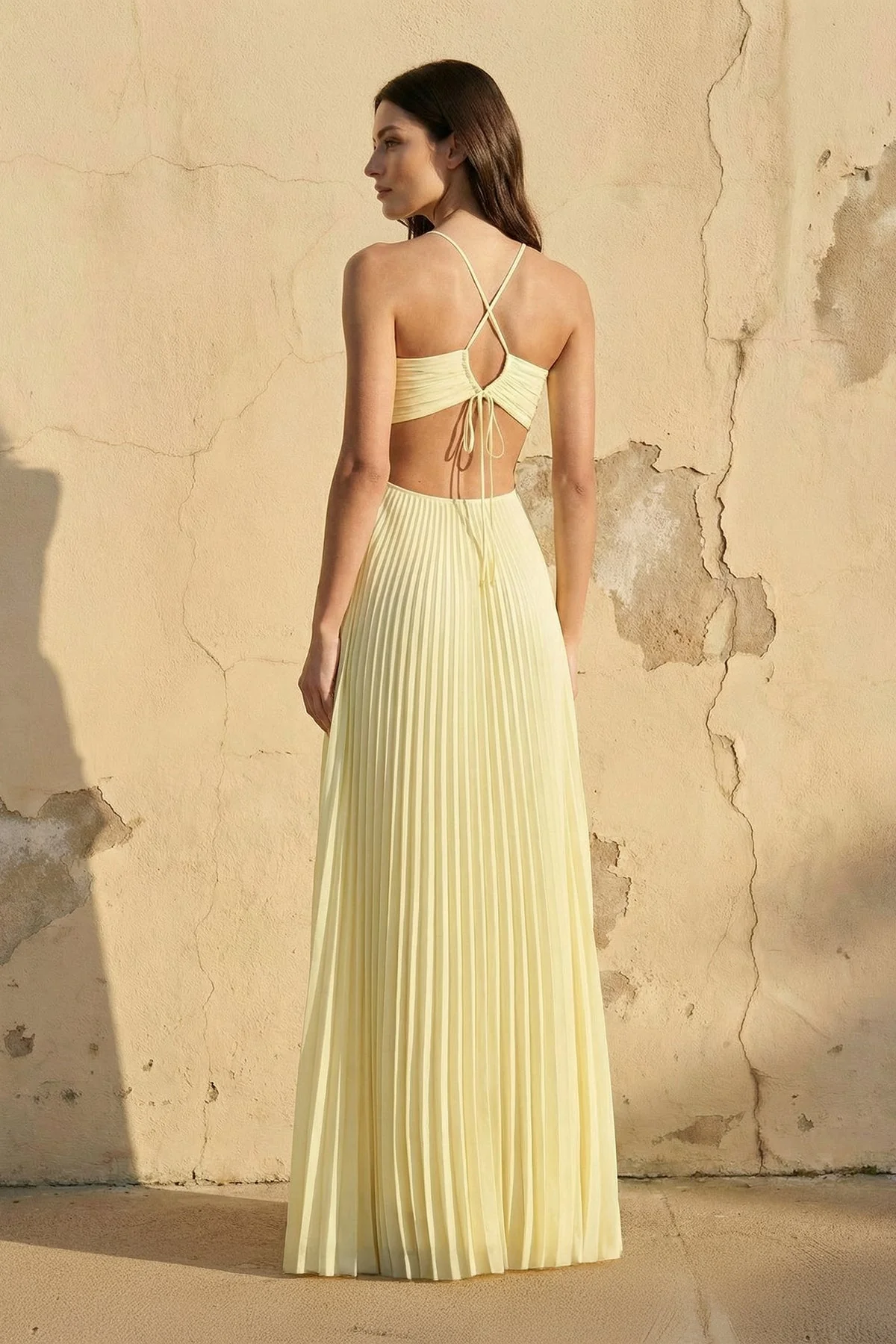 Halter Pleated Maxi Dress With Cutout in Yellow - luluinthesky