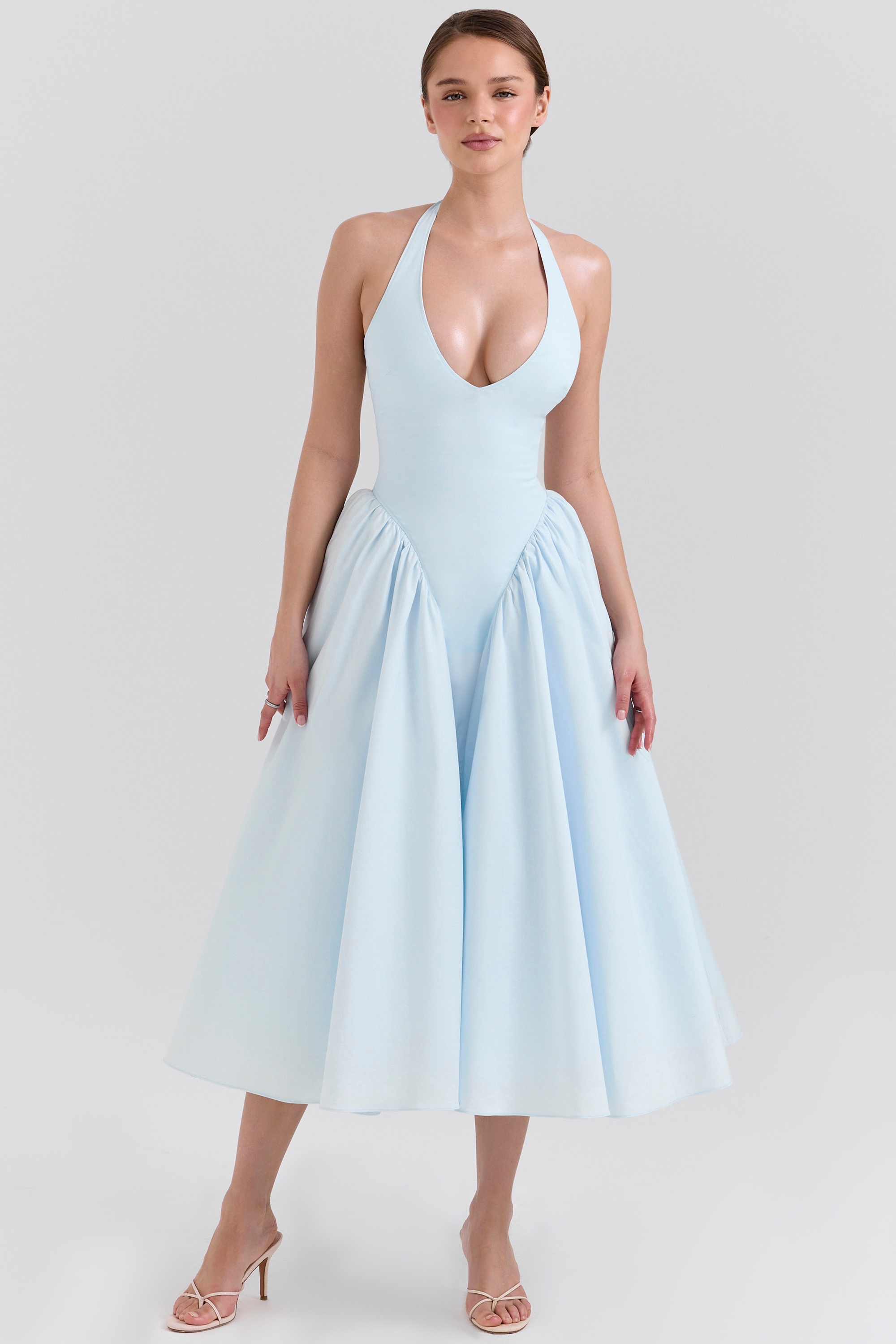 soft blue cotton twill halter midi sundress