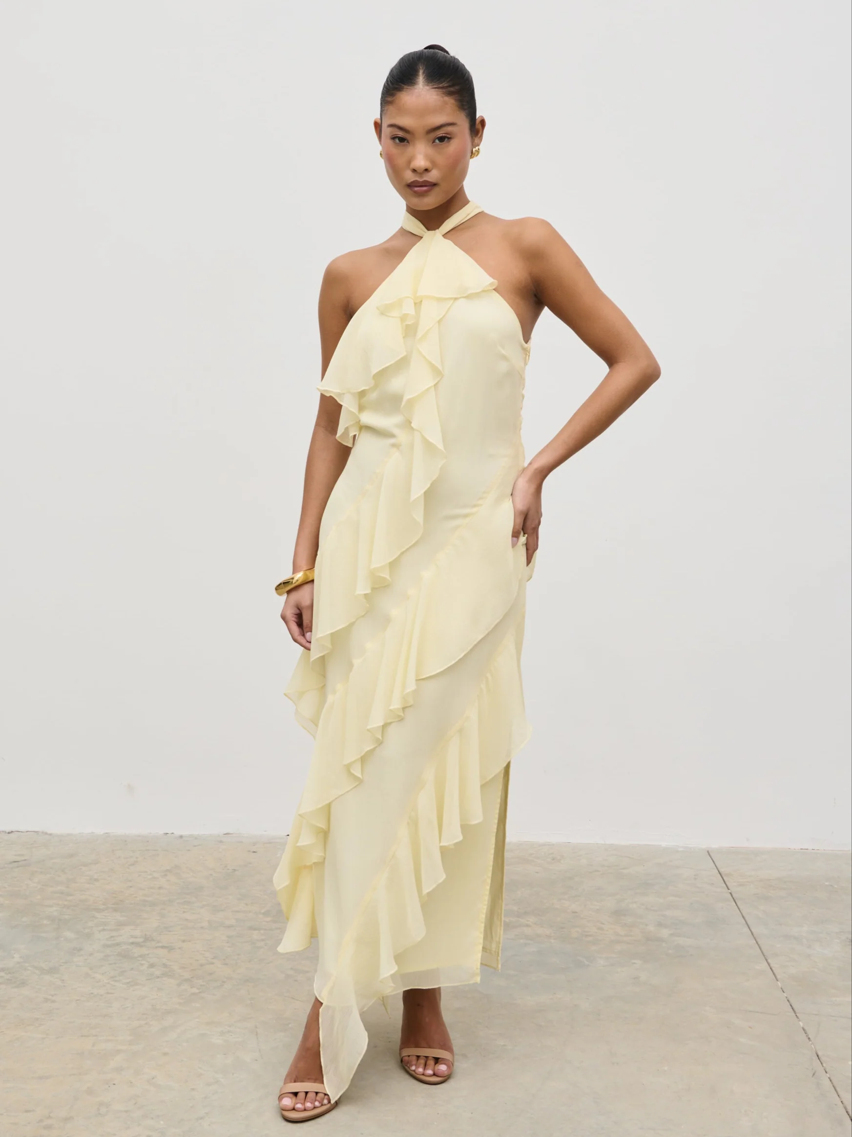 Aria Halterneck Ruffle Midaxi Dress - Lemon