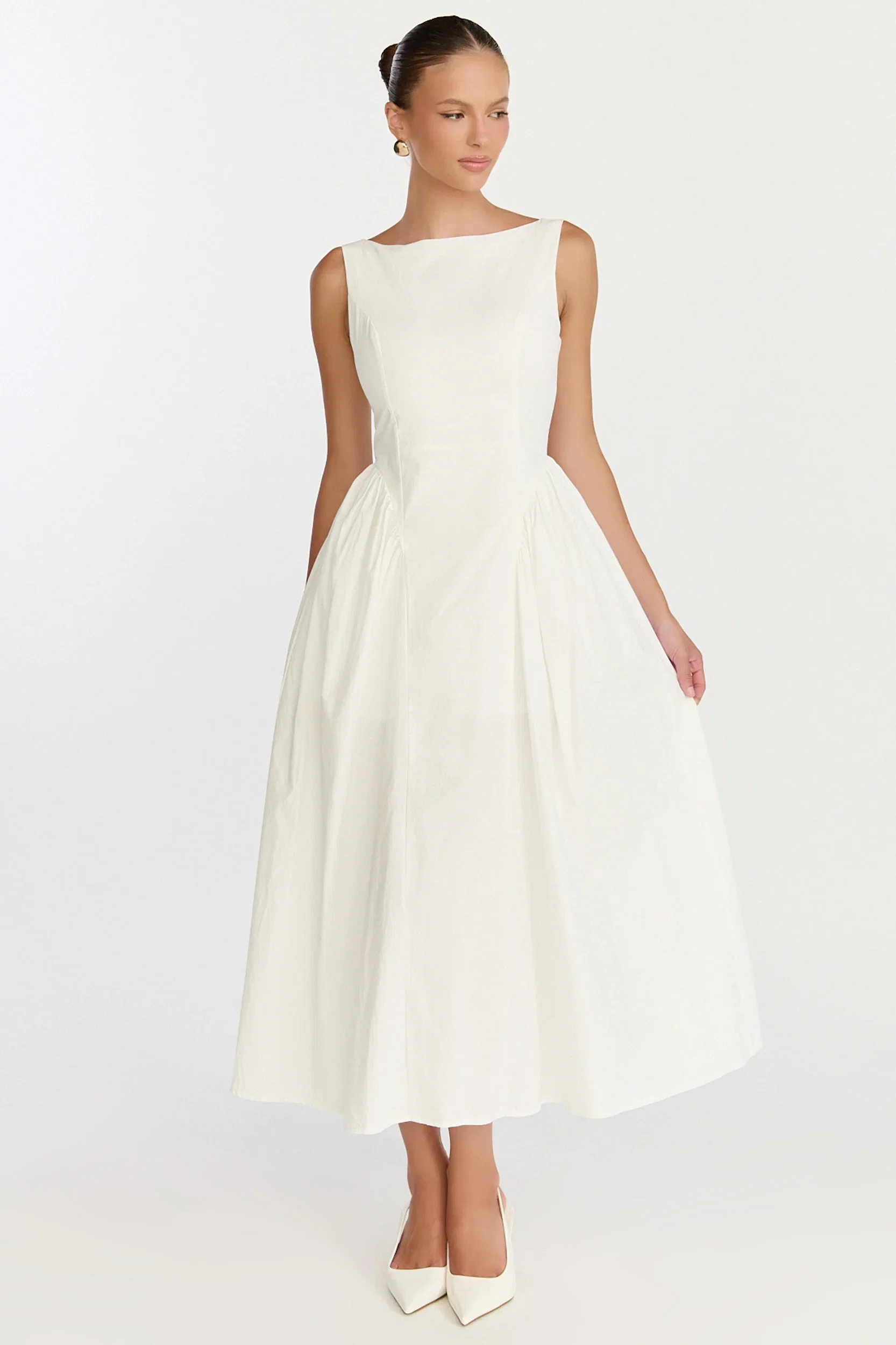 Casina Midi Dress - Boat Neck Tie Back Fit And Flare Dress in Off White