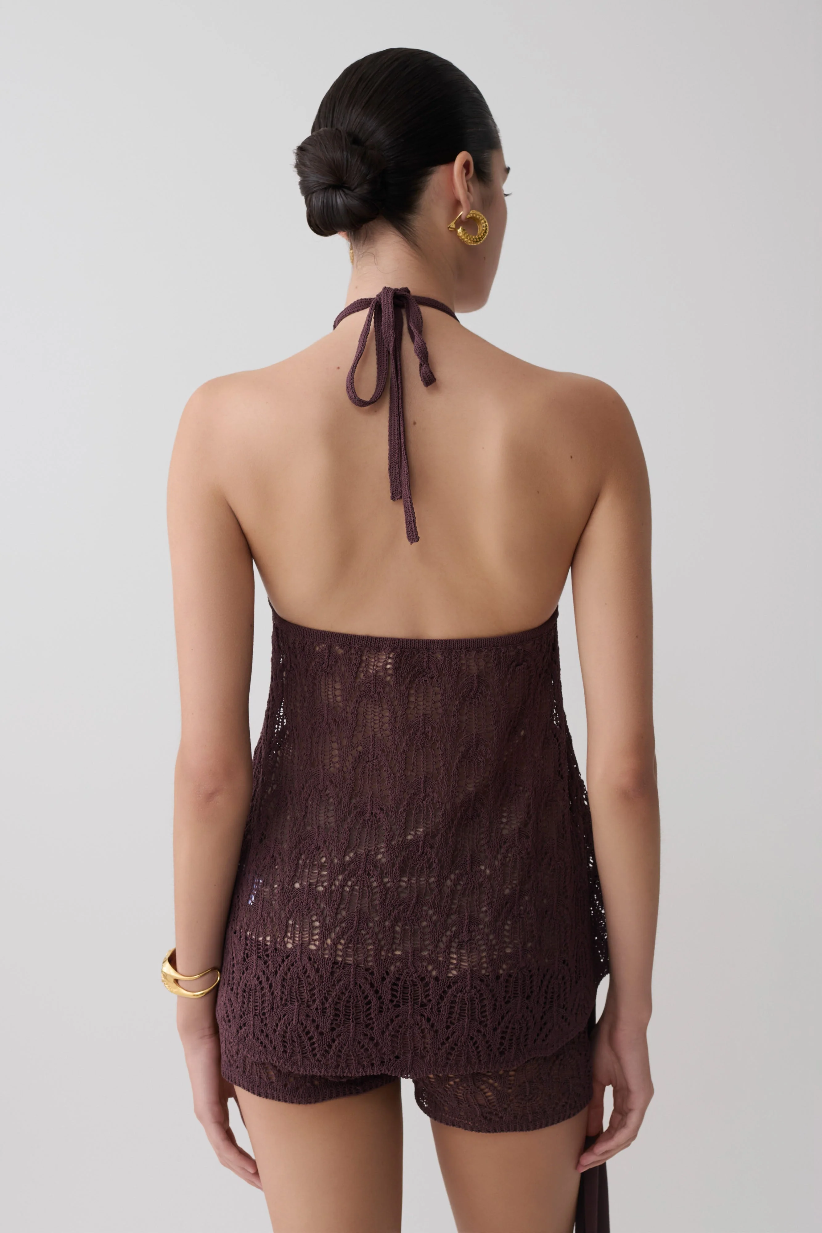 Corey Crochet Halter Neck Top - Chocolate