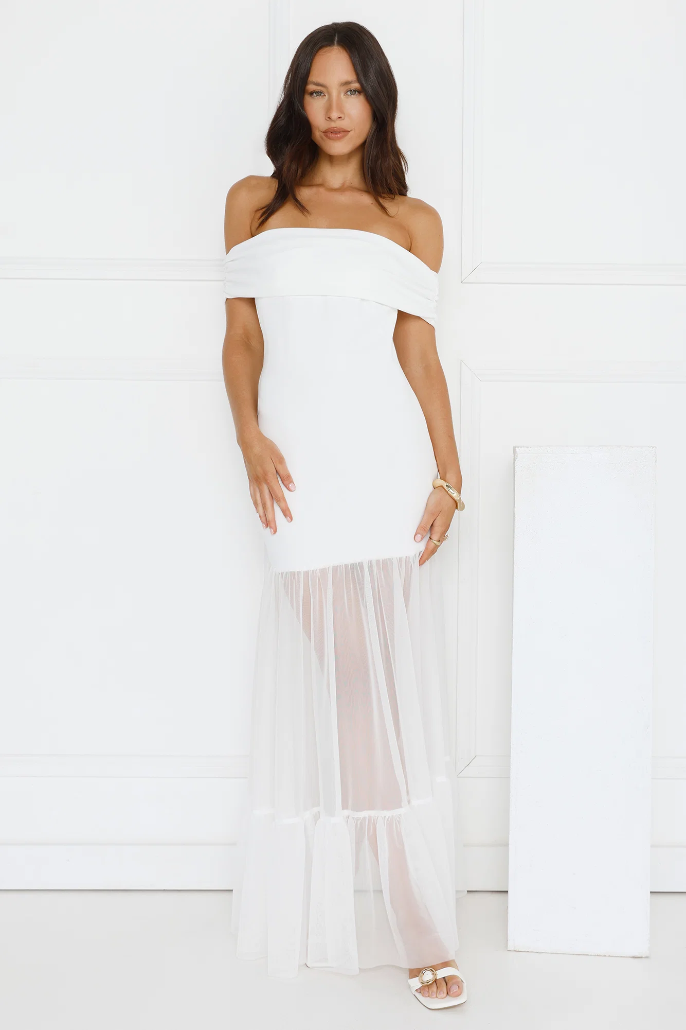 Moonbeam Reverie Off Shoulder Maxi Dress White