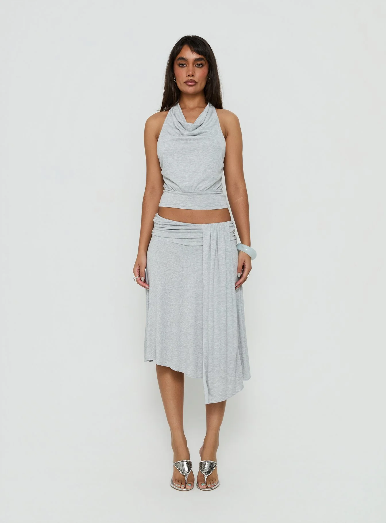 Adreana Halter Jersey Top Grey Marle