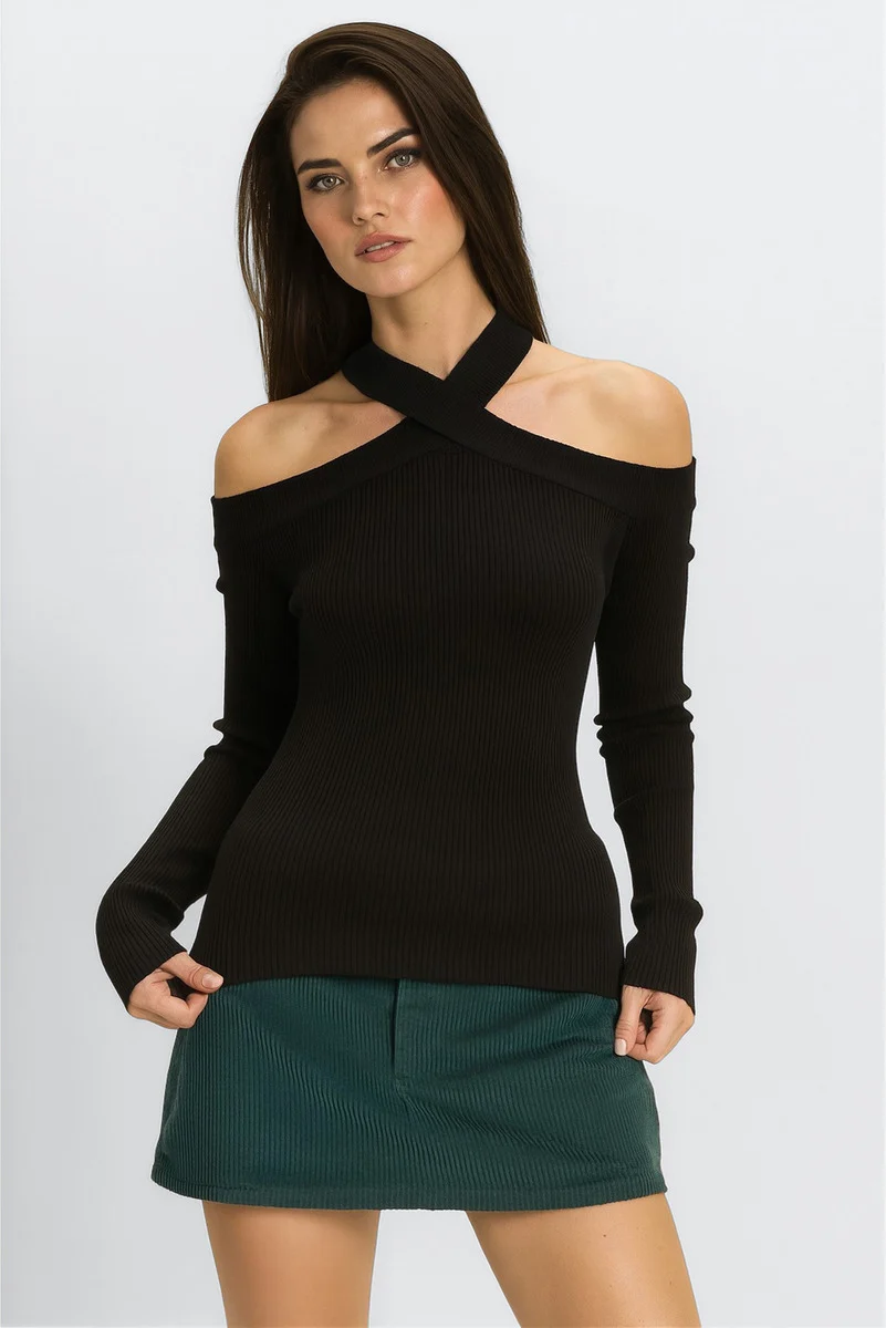 Ribbed Off-The-Shoulder Halter Sweater-Knit Top