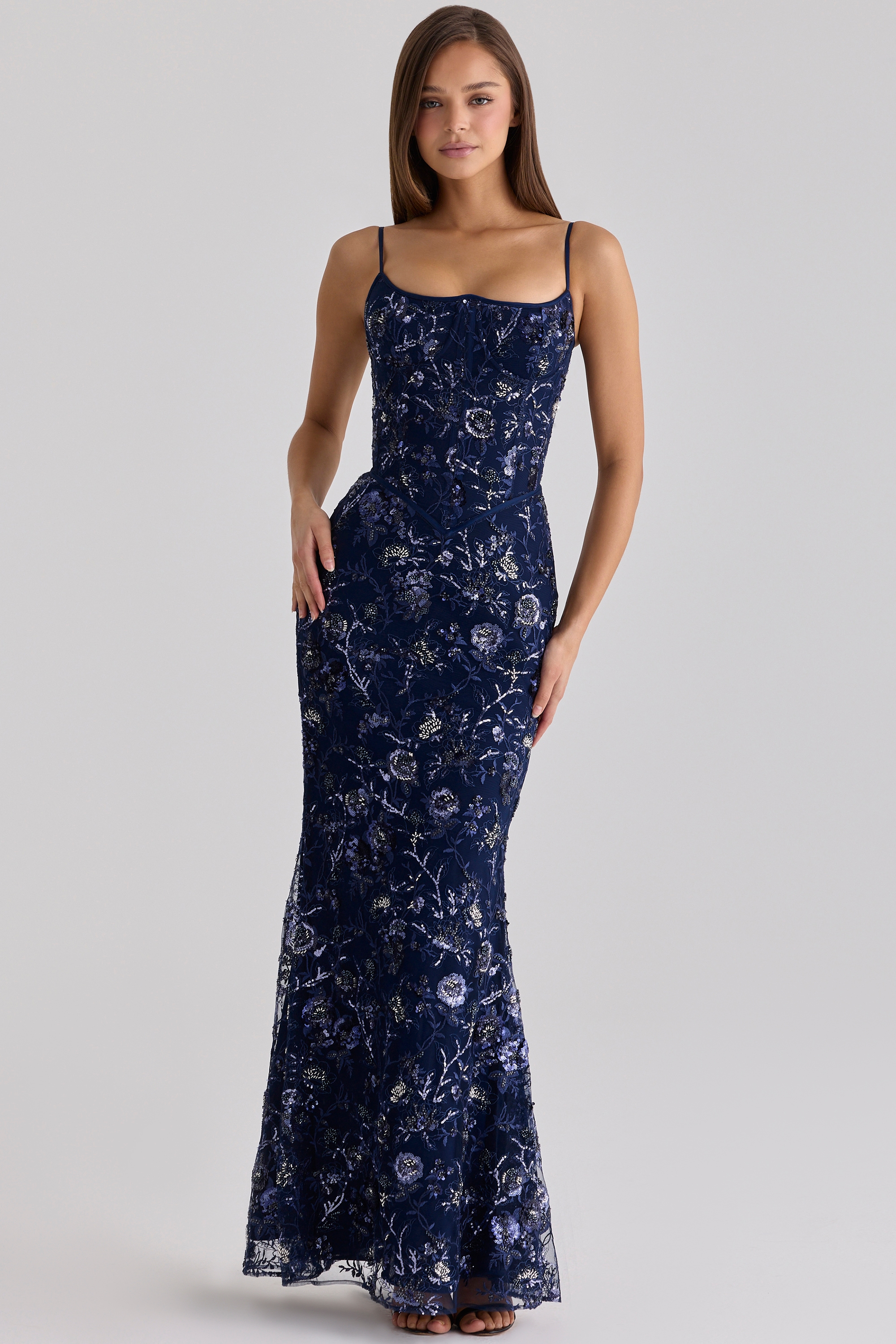 Navy Hand Beaded Embellished Corset Maxi Dress