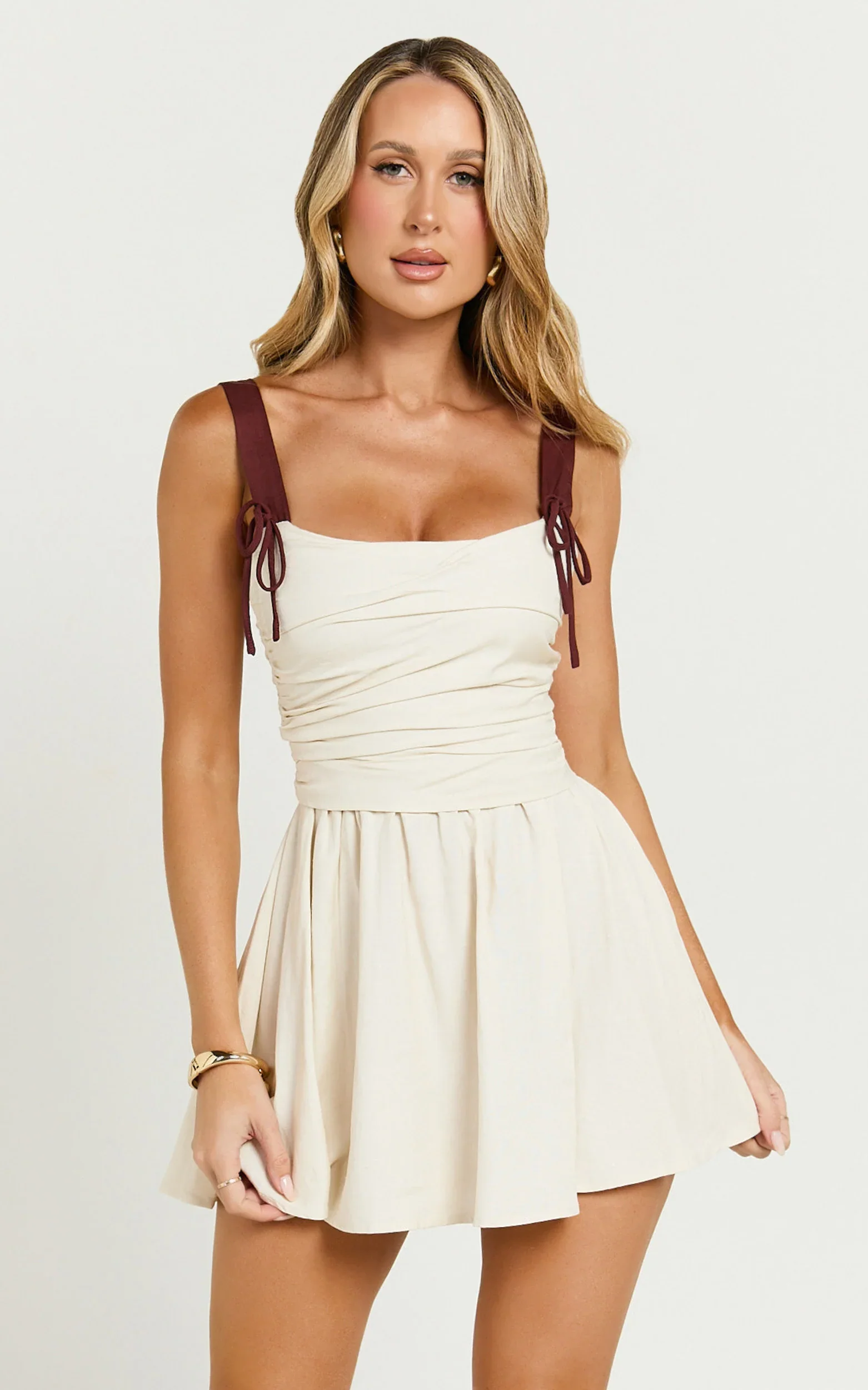 Tommy Mini Dress - Linen Ruched Bodice Laced Back Gathered Skirt Dress in Cream
