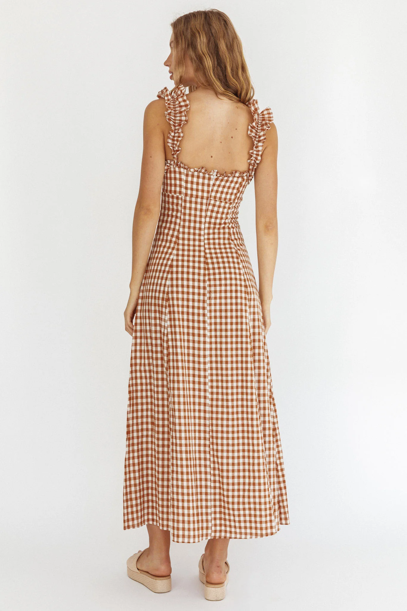 Warrior Sun Frill Strap Maxi Dress Tan Check - luluinthesky