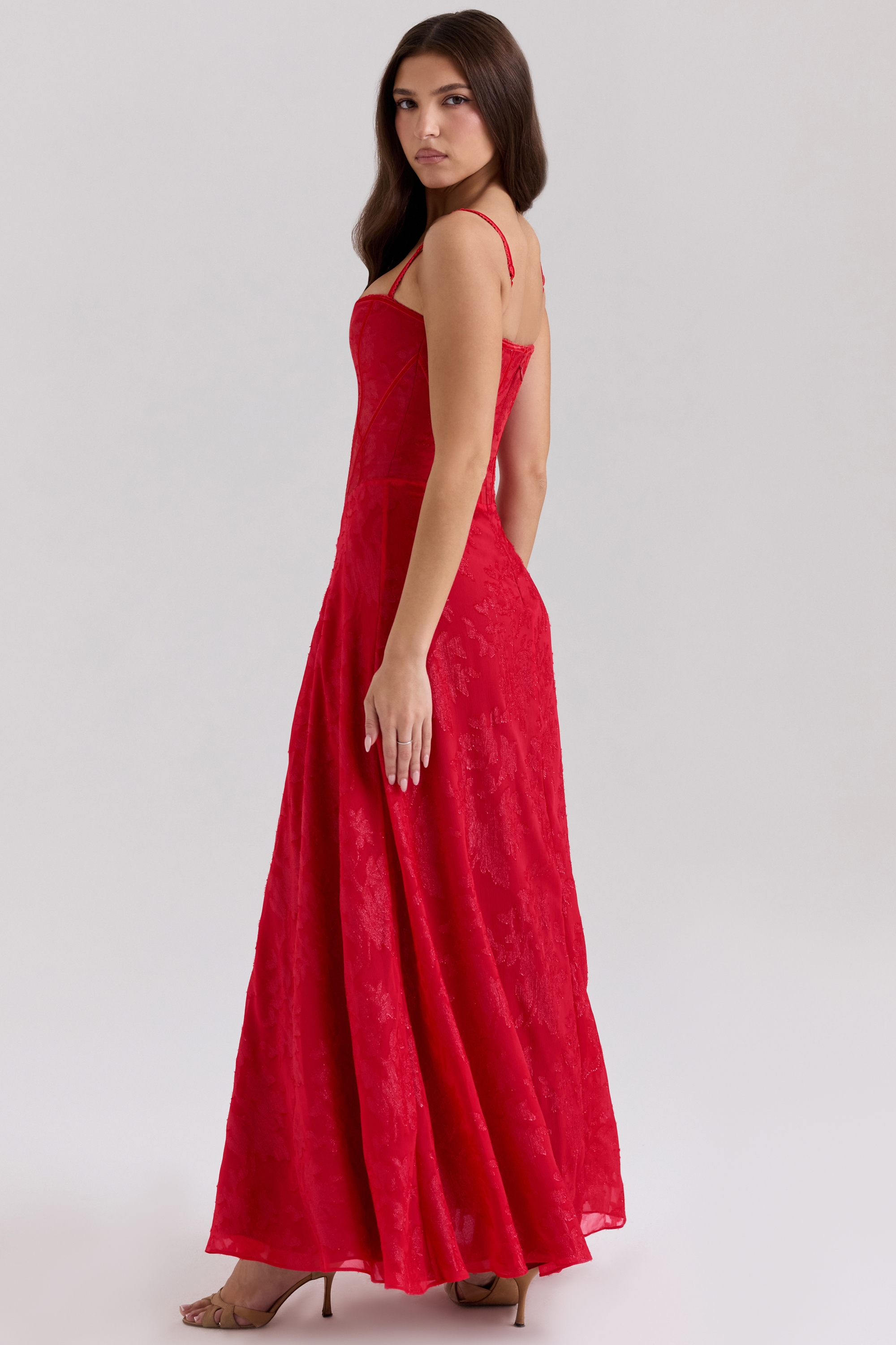 Red Lurex Chiffon Maxi Dress