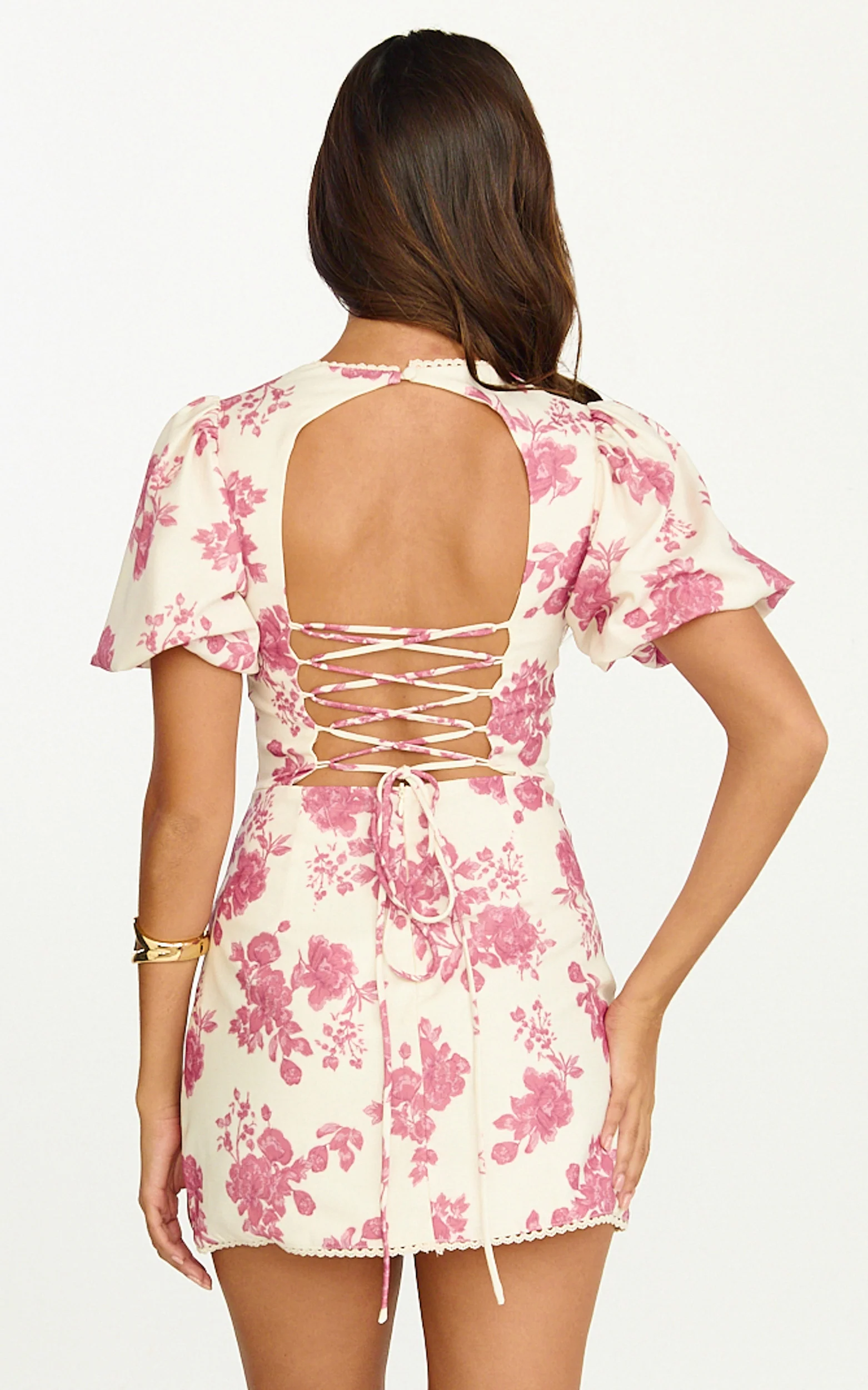 Lila Mini Dress - High Neck Puff Sleeve Lace Back Fitted Dress in Toile De Joie Print