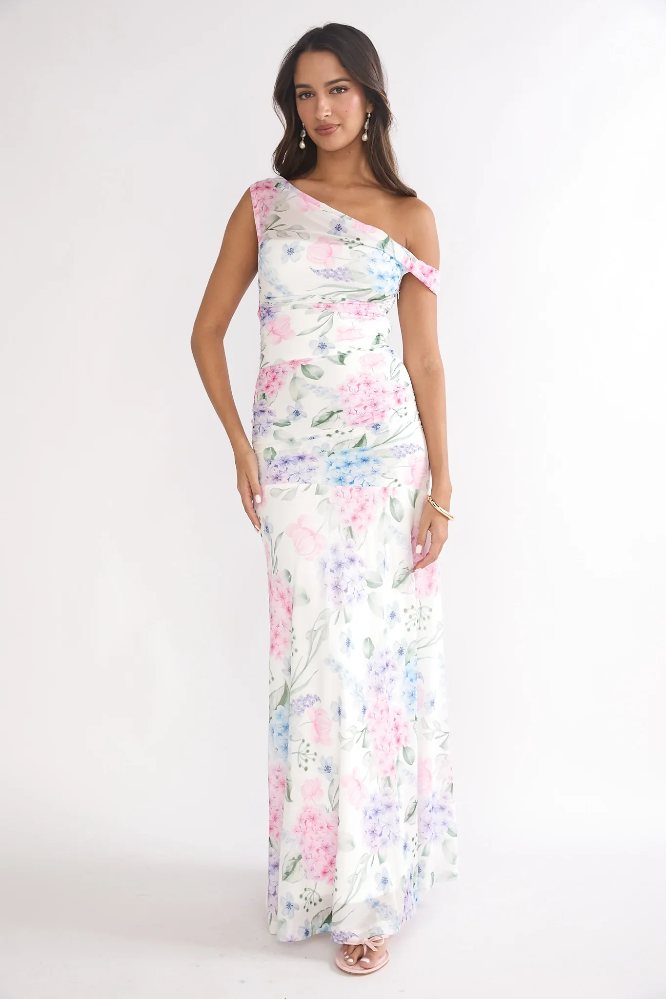 Lylah Asymmetric Neckline Mesh Maxi Dress Floral Blue