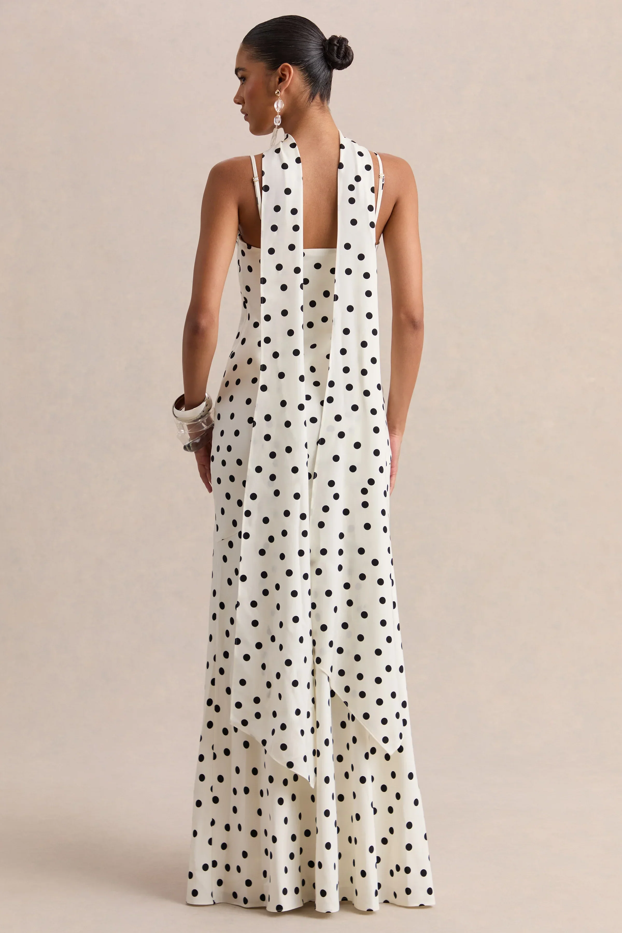 Starling | White & Black Polka Dot Satin Plunge-Neck Maxi Dress With Scarf-Detail