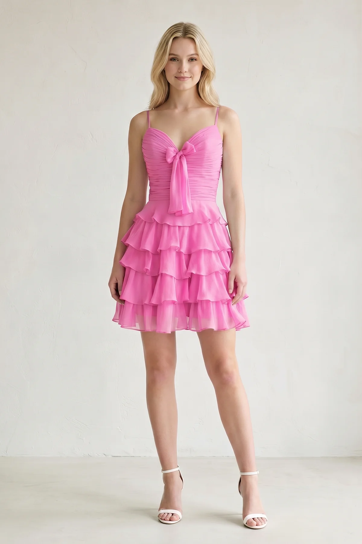 Pink Spaghetti Straps A Line Chiffon Ruffles Homecoming Dresses With Bow