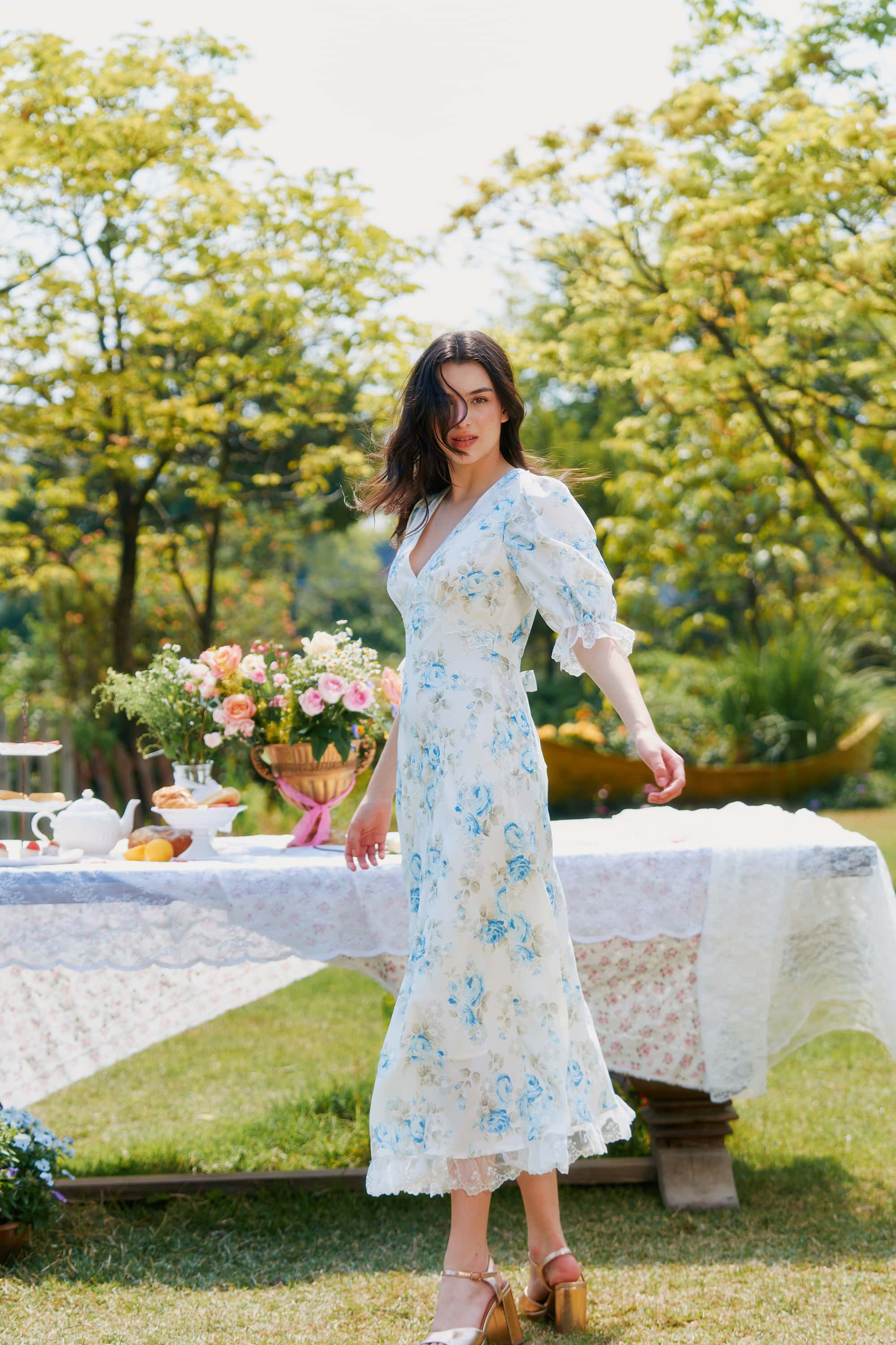 Divia Lace Floral Midi Dress in Blue