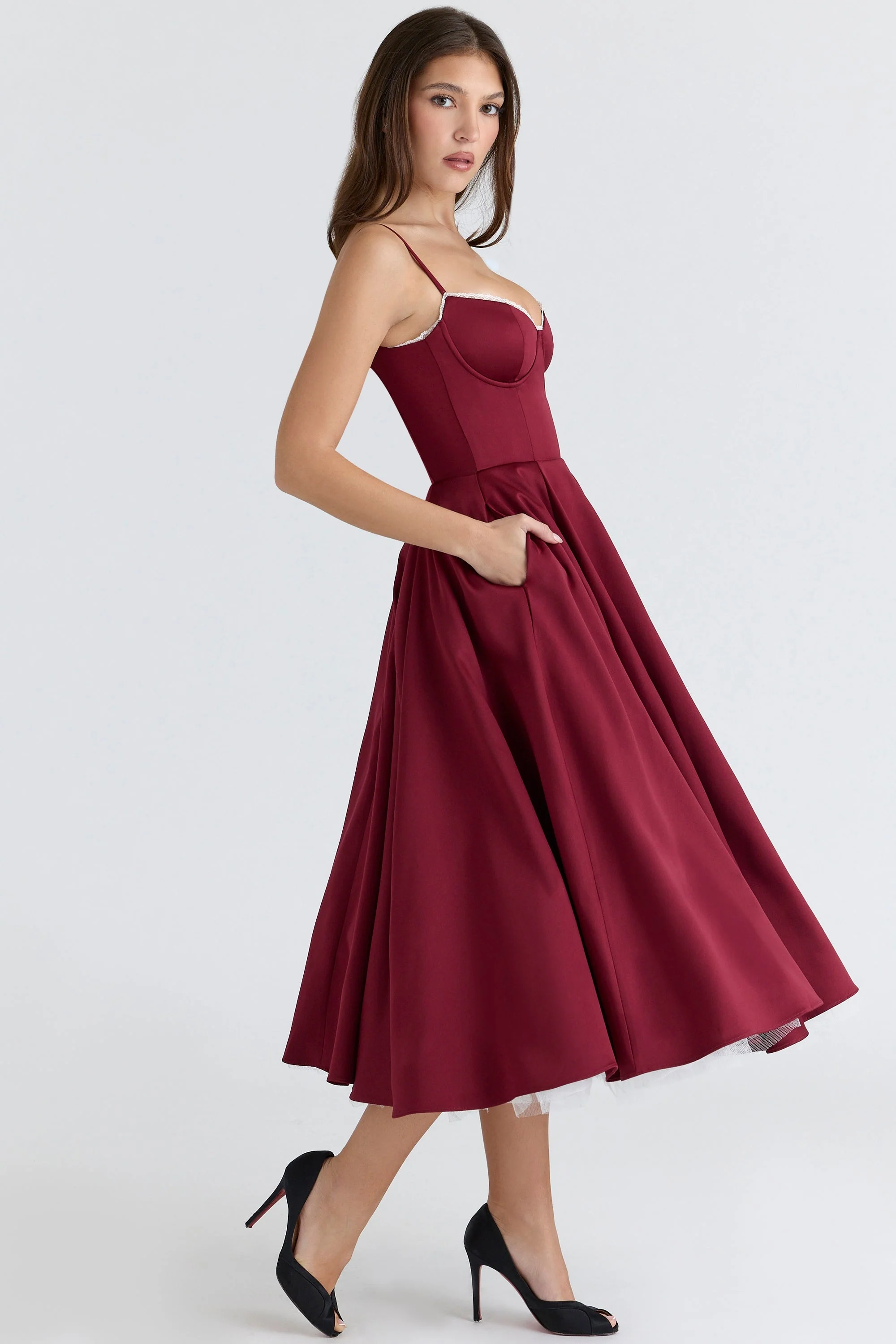 wine satin tulle midi dress