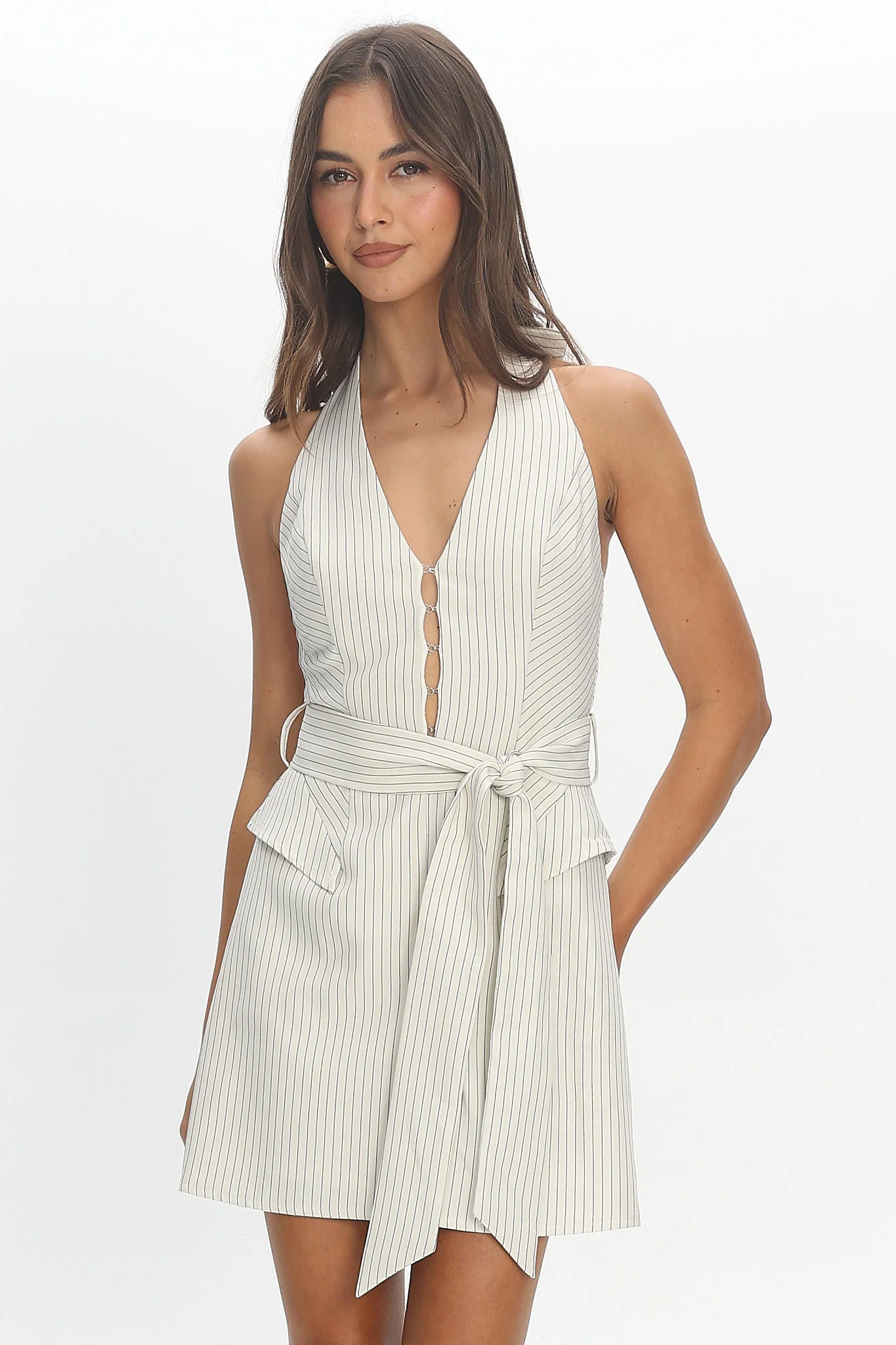 Elisabet Halterneck Belted Mini Dress Off White - luluinthesky