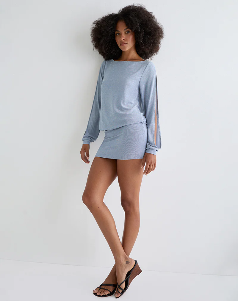 Carola Cut Out Arms Mini Dress in Shimmer Blue
