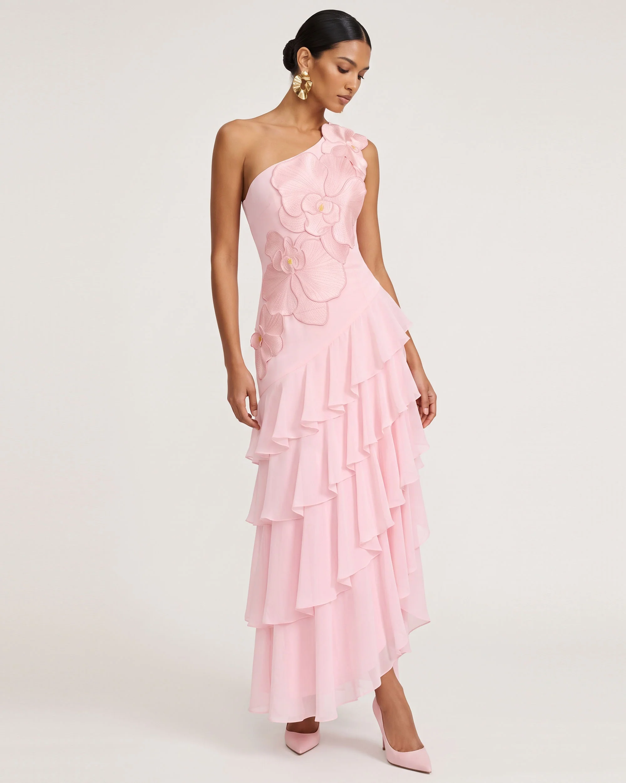 Orchid Embroidered One Shoulder Ruffle Maxi Dress - Pink