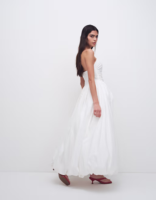 Kaiia exclusive bandeau volume puffball thigh split maxi dress in white