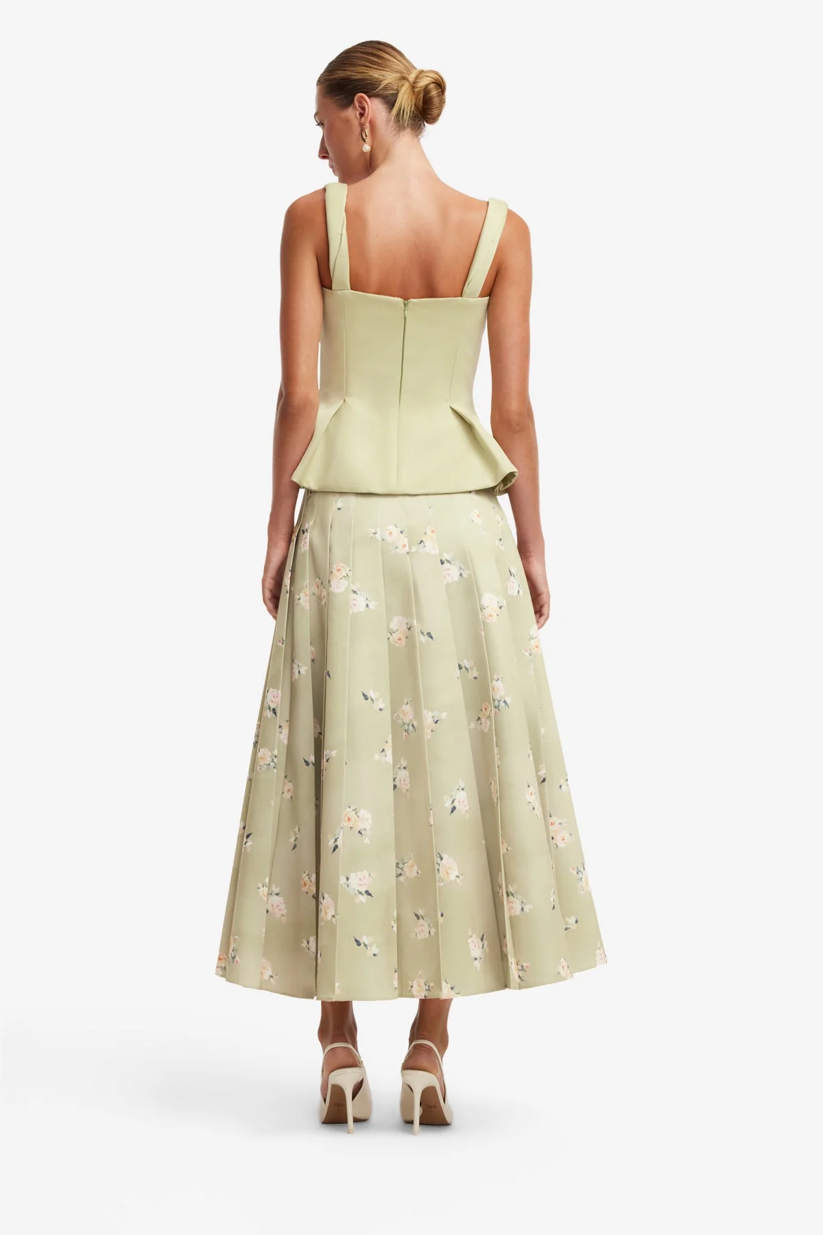 June Pleated Maxi Skirt - Pistachio Rose Print