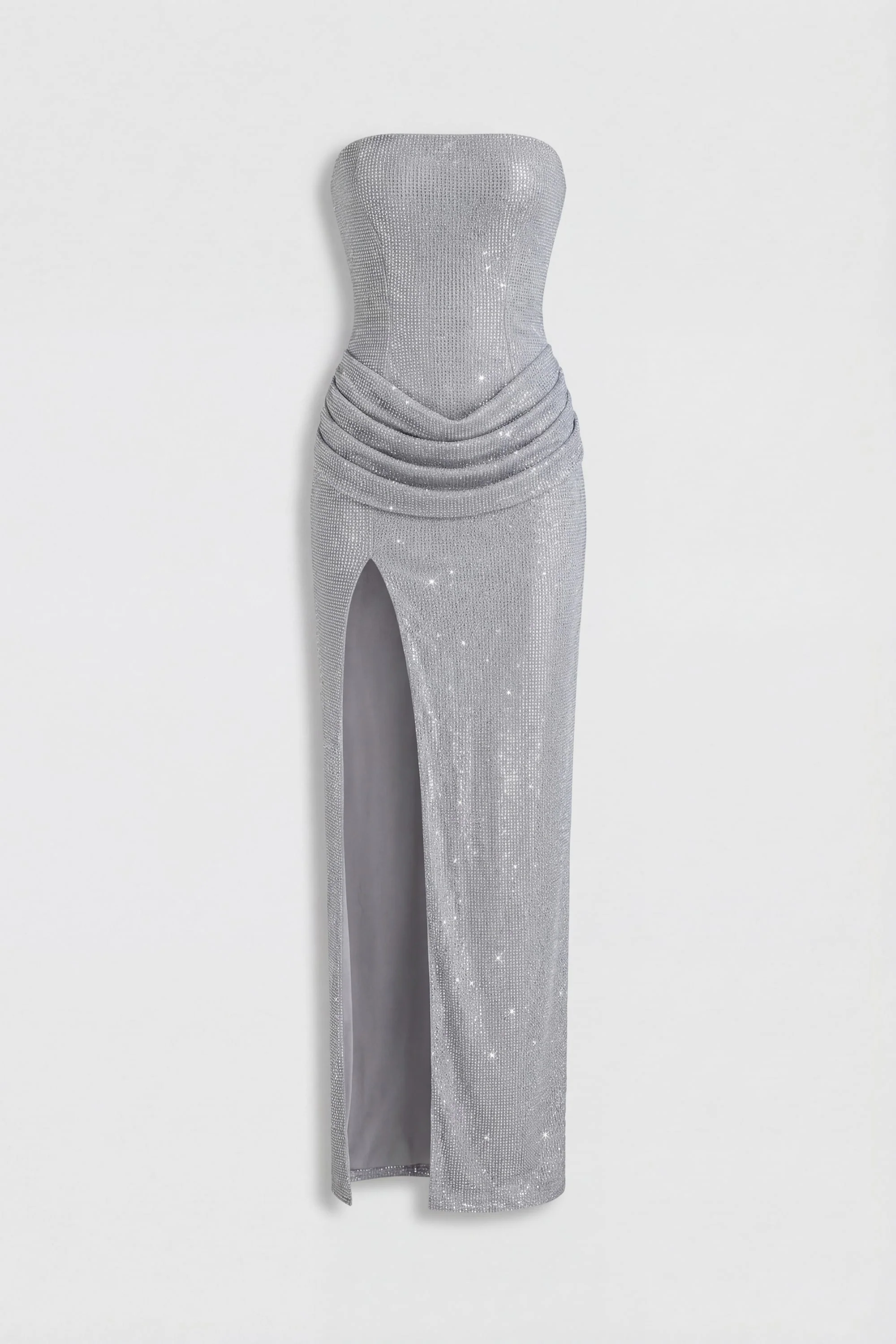 Embellished Bandeau Cowl-Waist Maxi Dress in Frost