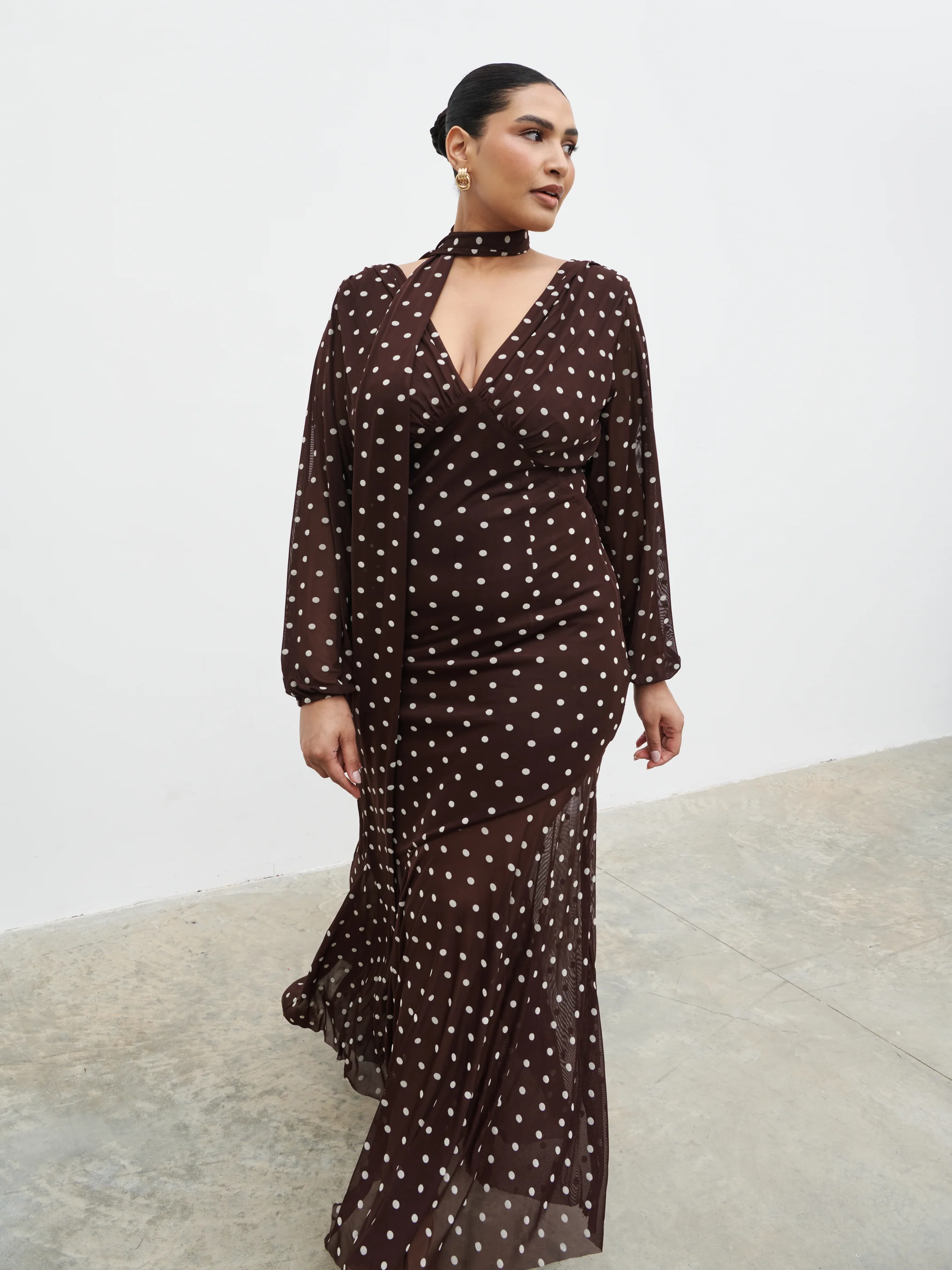 Petula Scarf Mesh Maxi Dress Curve - Brown and Cream Polkadot