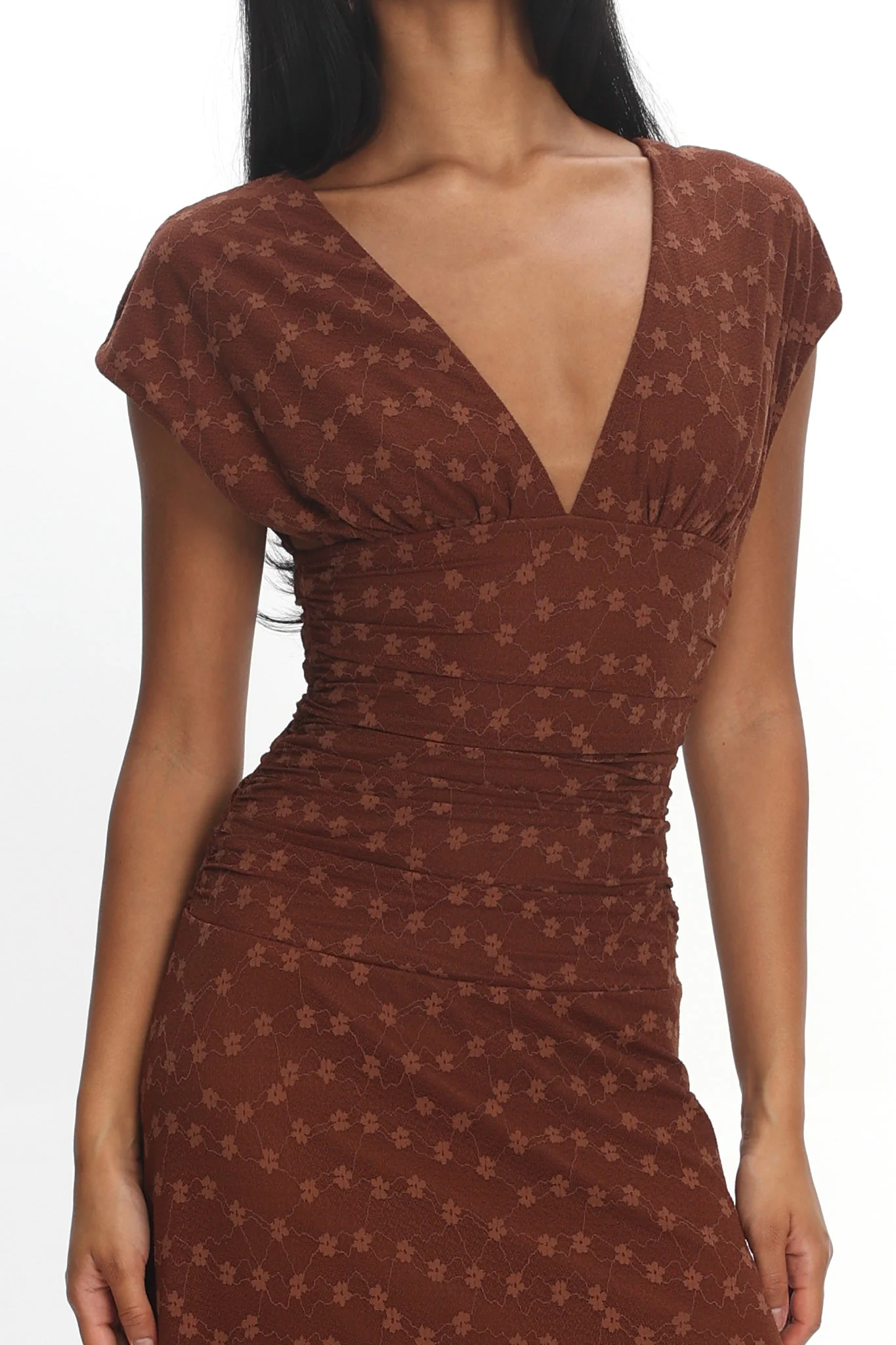 Novia Ruched Bodice Maxi Dress Embroidered Chocolate - luluinthesky