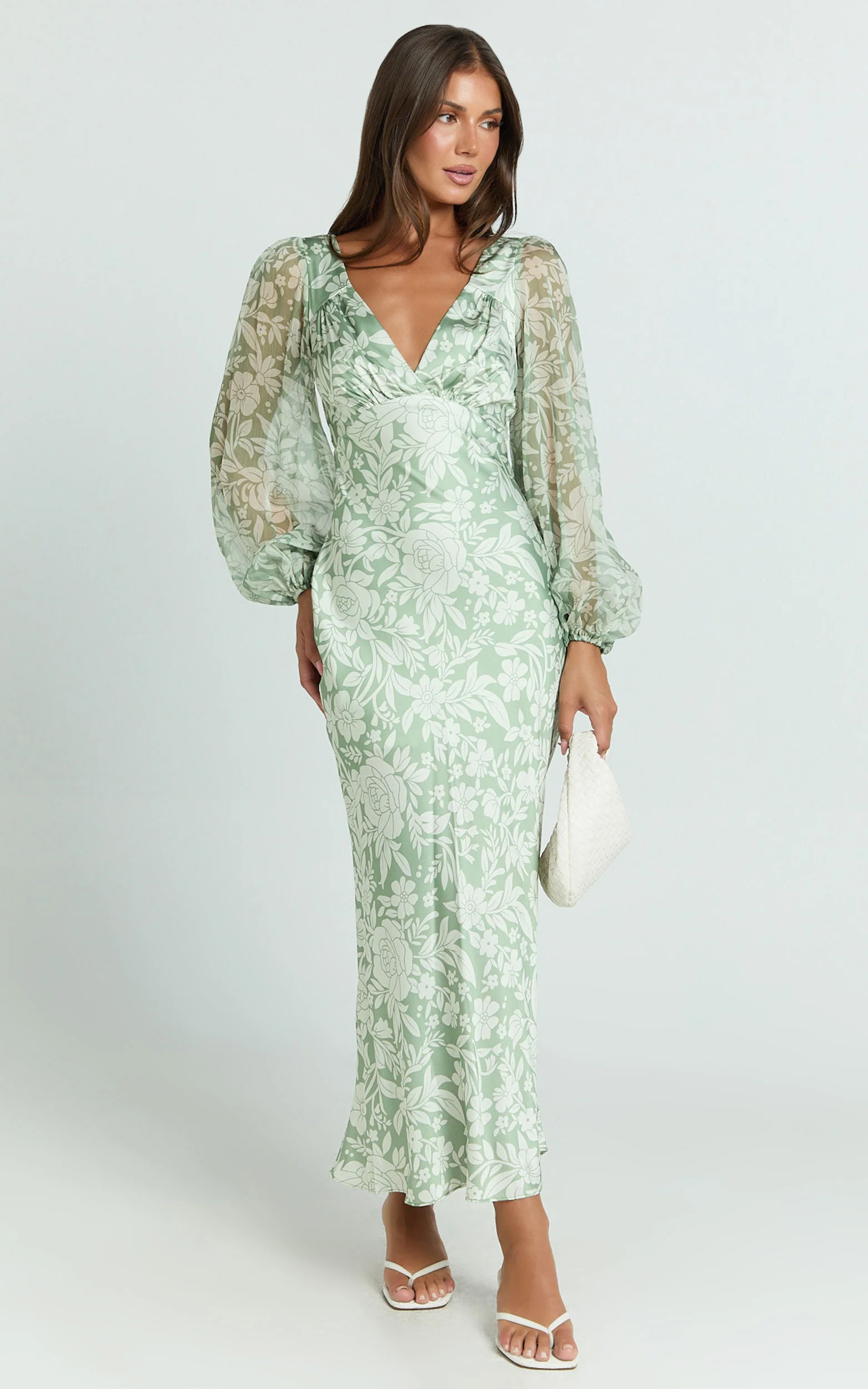 Freollyn Midi Dress - Deep V Neck Long Sleeve Dress in Sage