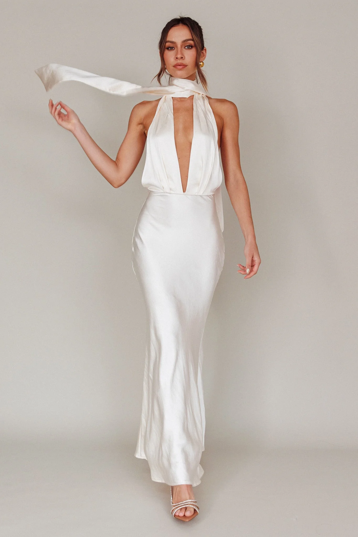 Italia Azure Halterneck Maxi Dress Oyster