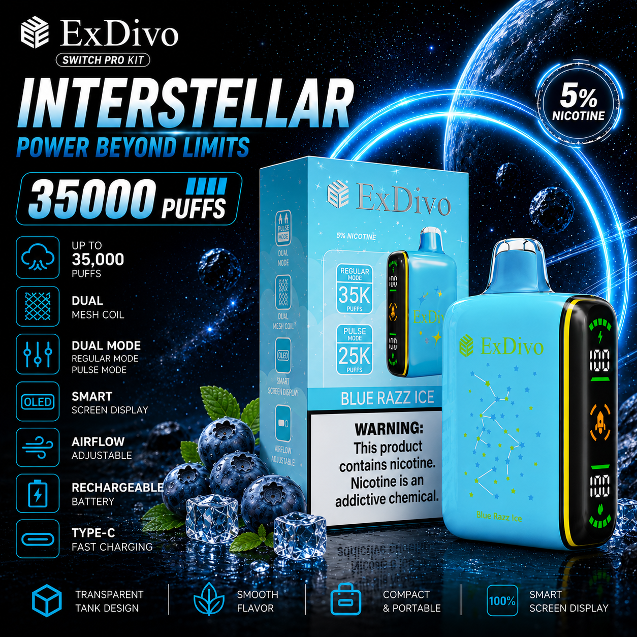 Blue Razz Ice - ExDivo INTERSTELLAR 35K Disposable Vape