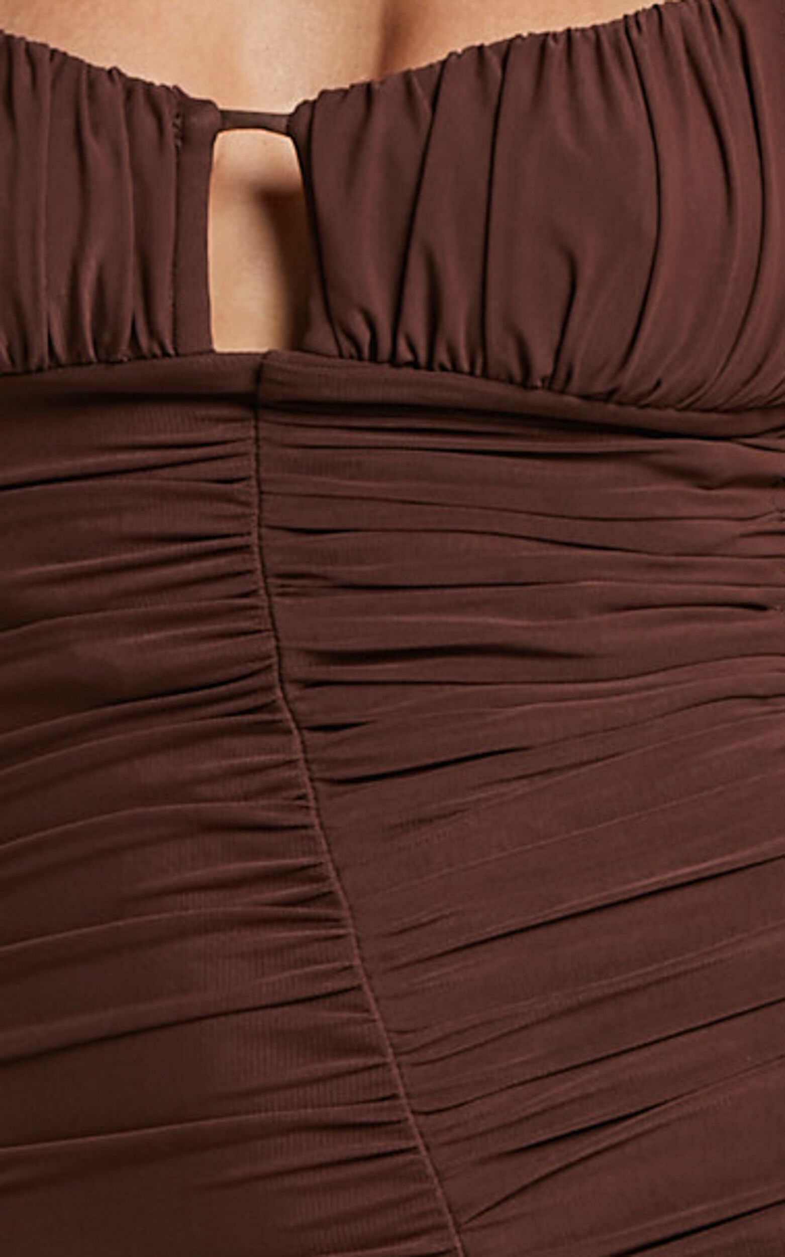 Harlene Maxi Dress- Ruched Mesh Frill Hem Dress in Chocolate