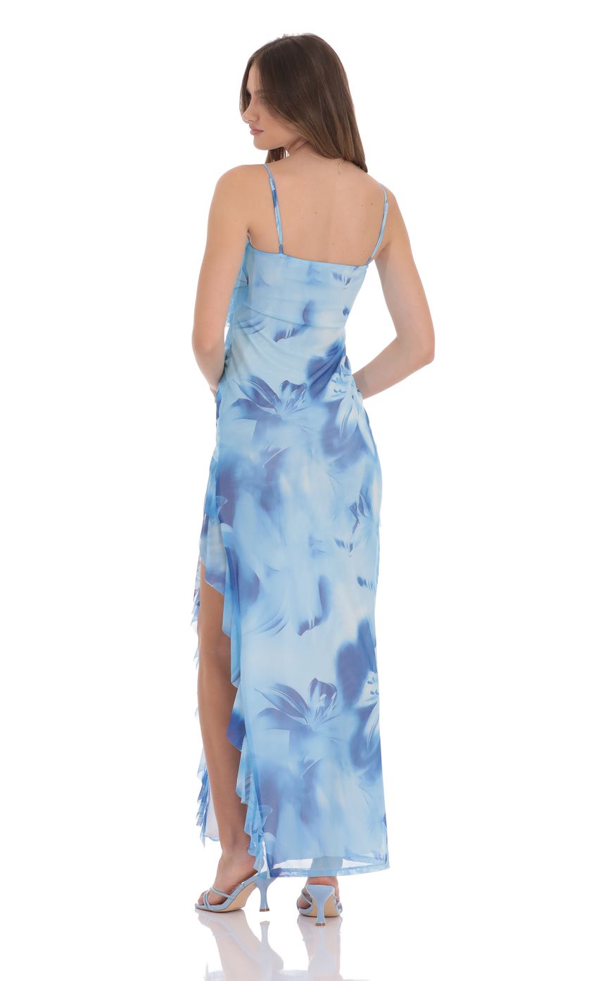 Floral Ruffle Mesh Square Neck Maxi Dress in Blue