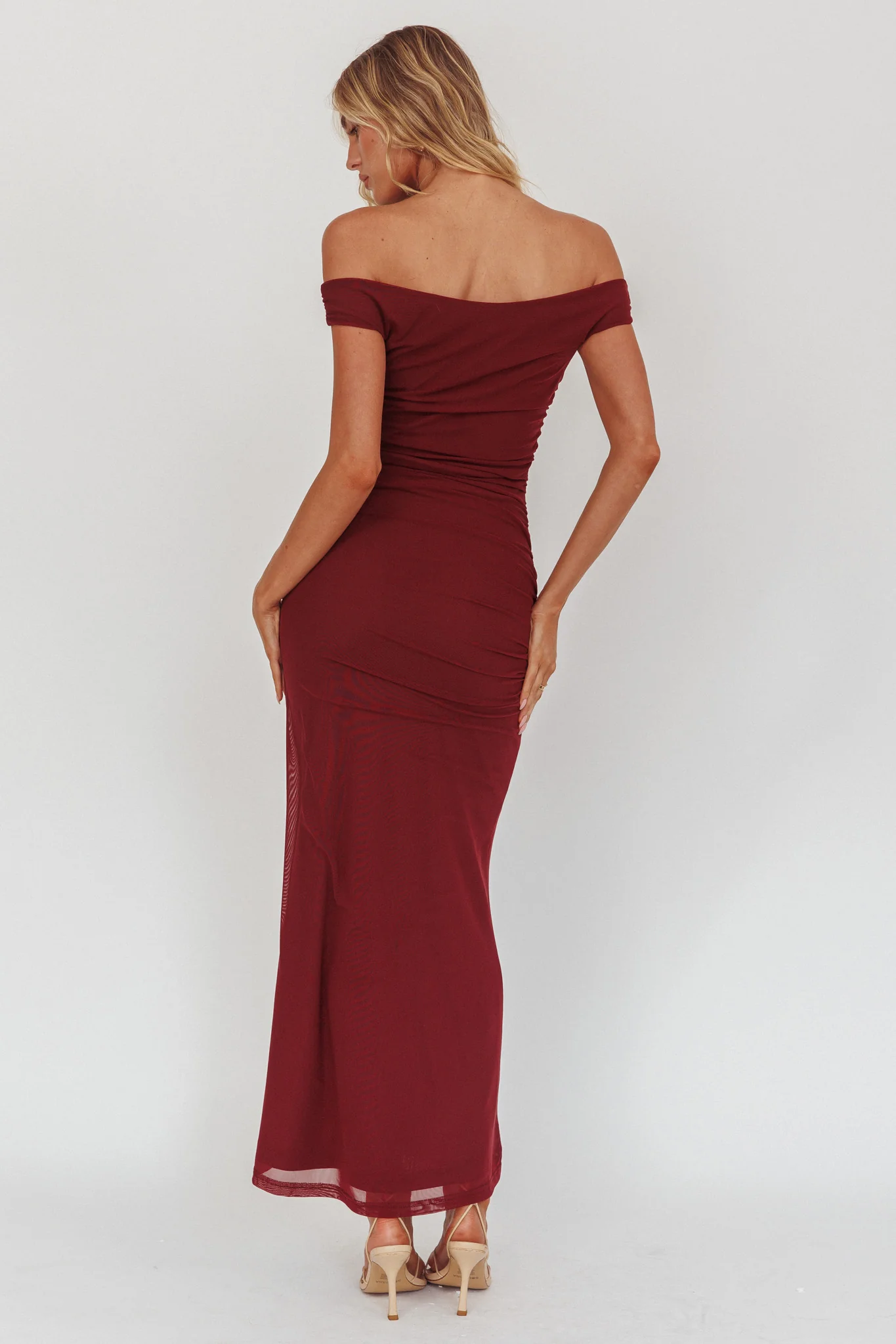 In Blooms Off Shoulder Mesh Midi Dress Wine