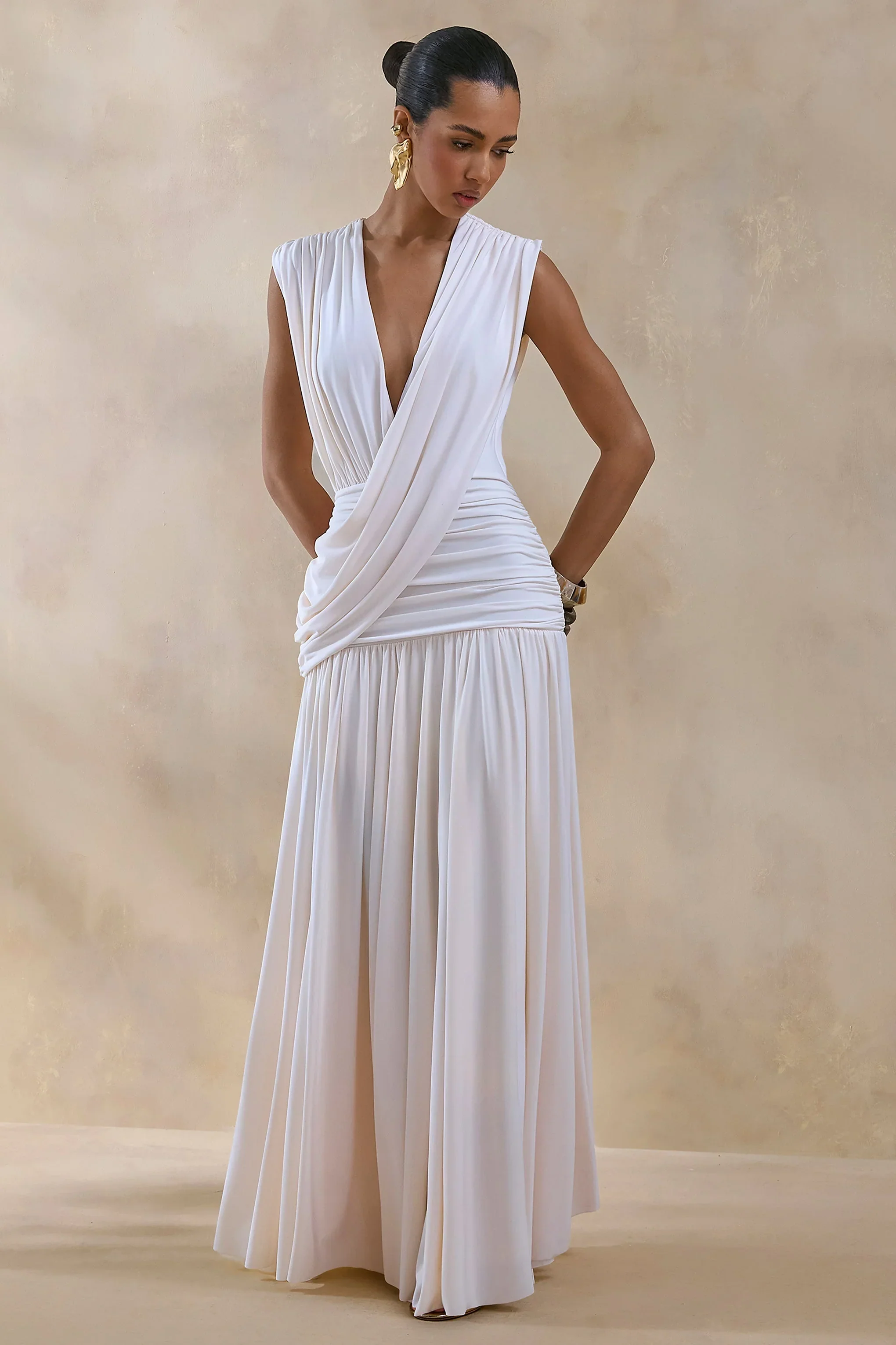 Glorina | Cream Plunge-Neck Maxi Dress With Draped-Detailing