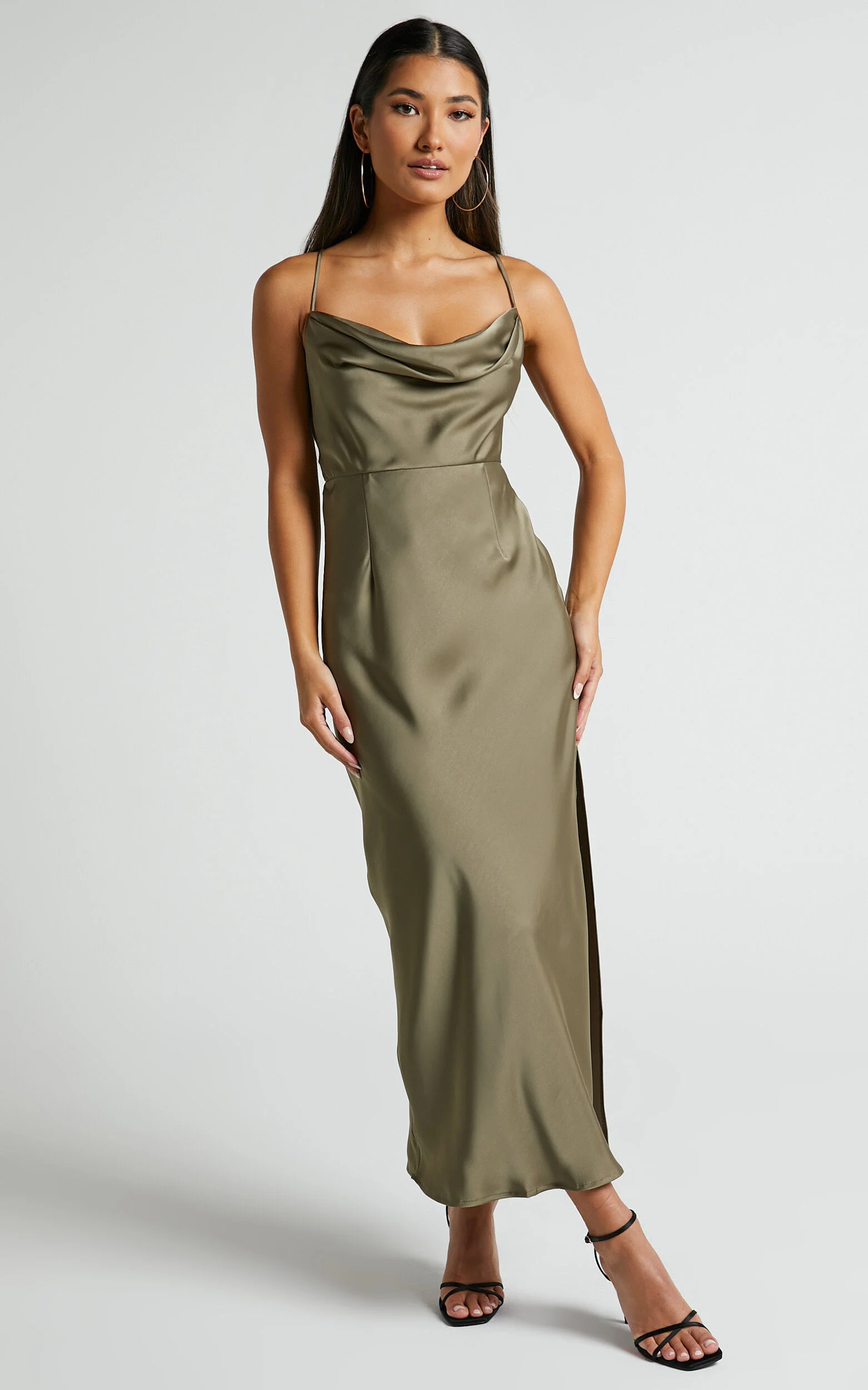 Nylah Cowl Neck Double Strap Satin Slip Midi Dress in Dark Olive