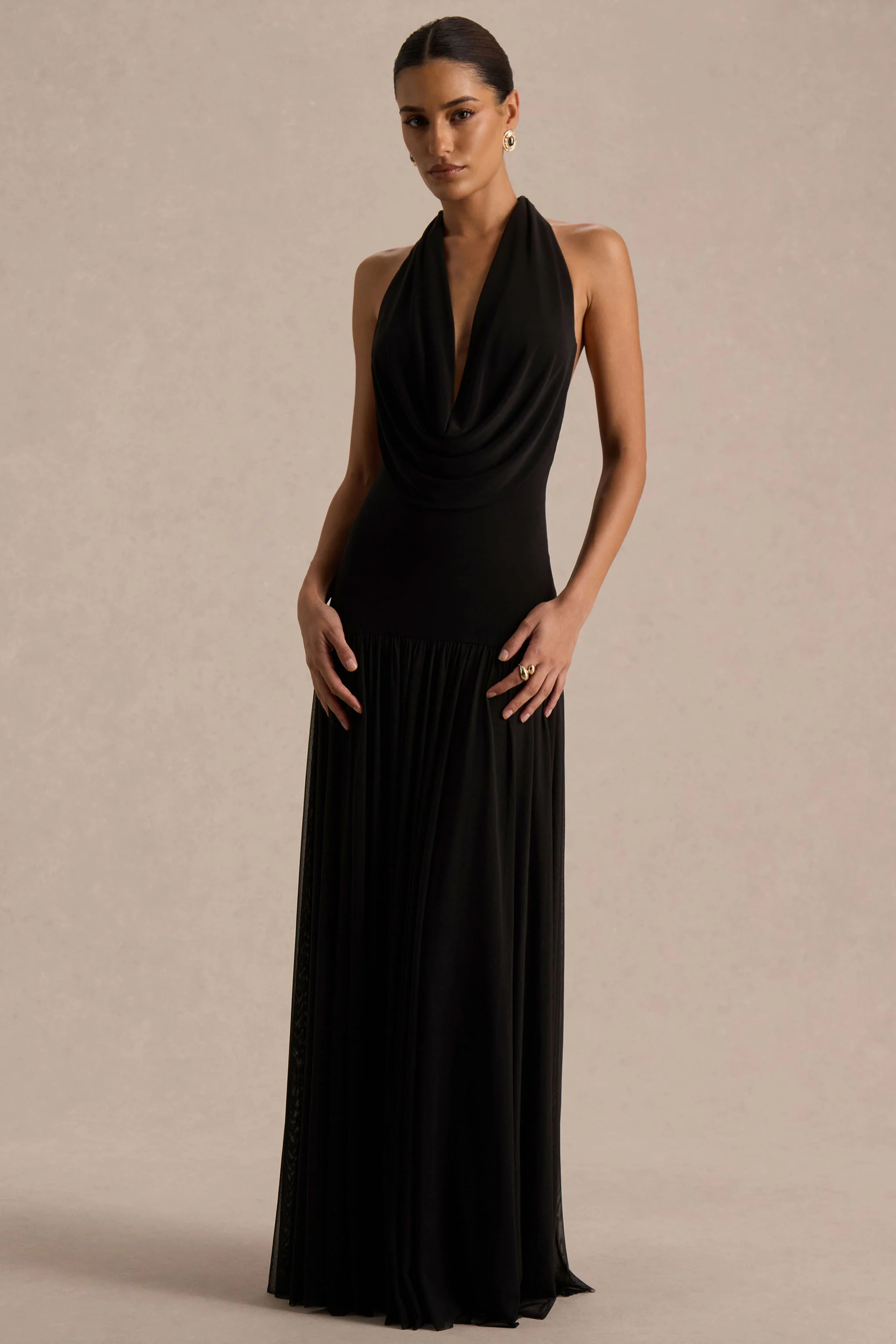 Verity | Black Cowl-Neck Maxi Dress With Sheer-Skirt