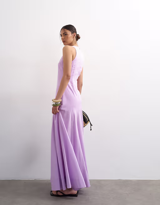 Topshop linen rich dropped waist full circle hem midi dress in lilac