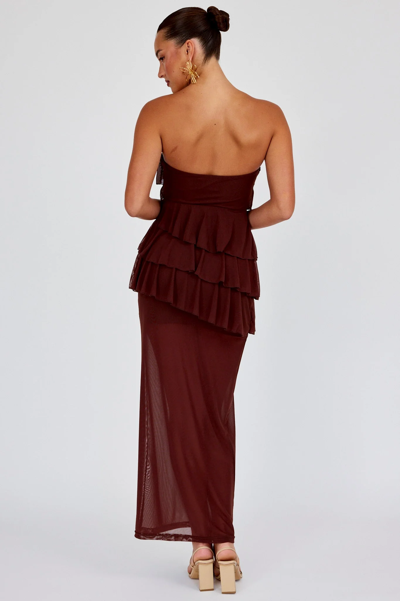 Crewe Strapless Ruffle Maxi Dress Chocolate - luluinthesky