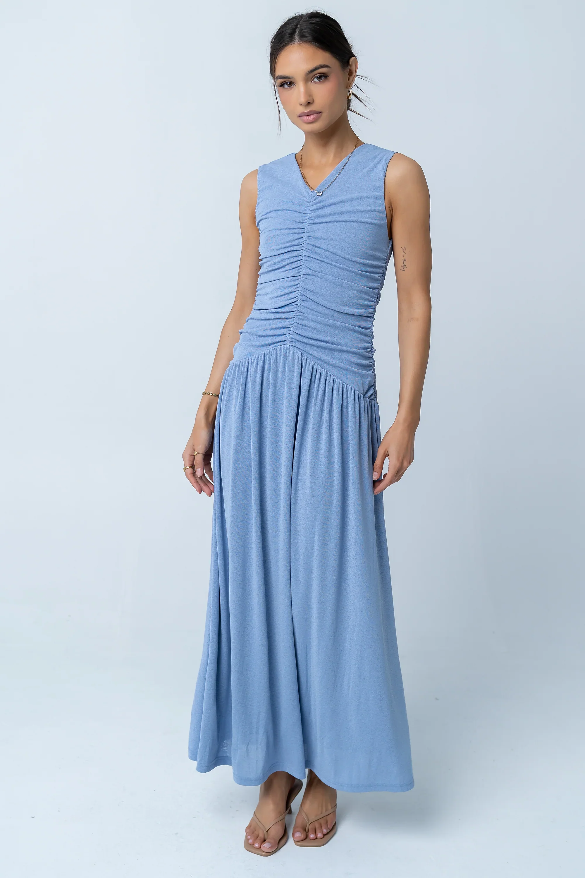 Kandi Ruched Maxi Dress in Blue