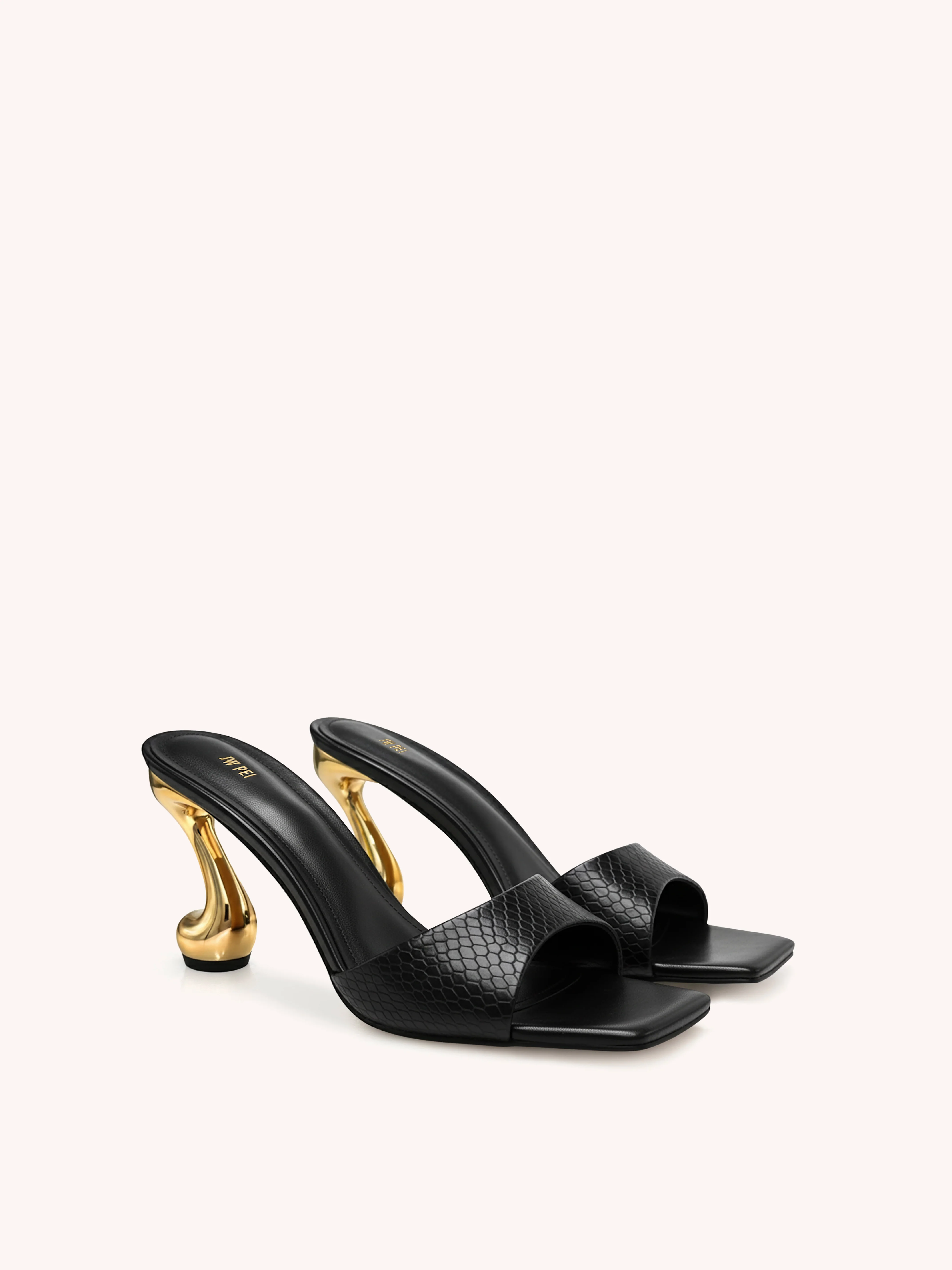 Hannah Faux Snakeskin Heel Mules - Black
