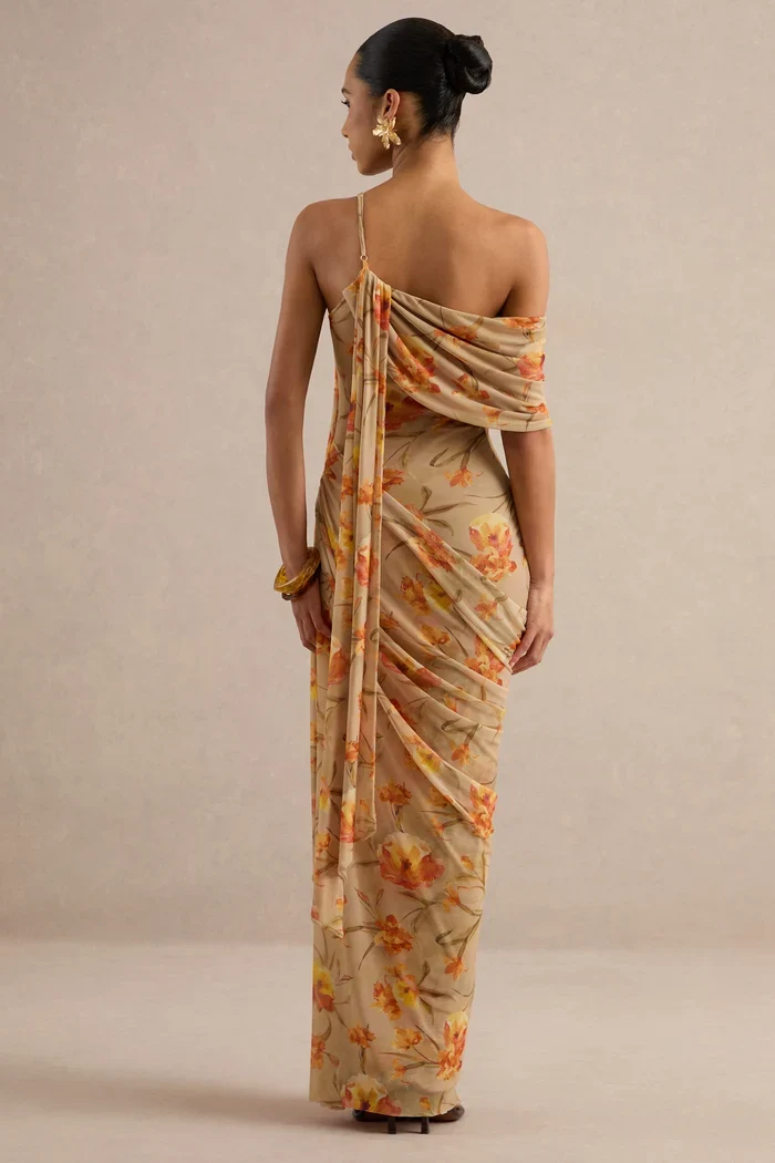 Floral Mesh Asymmetric-Neck Maxi Dress With Sash Detail