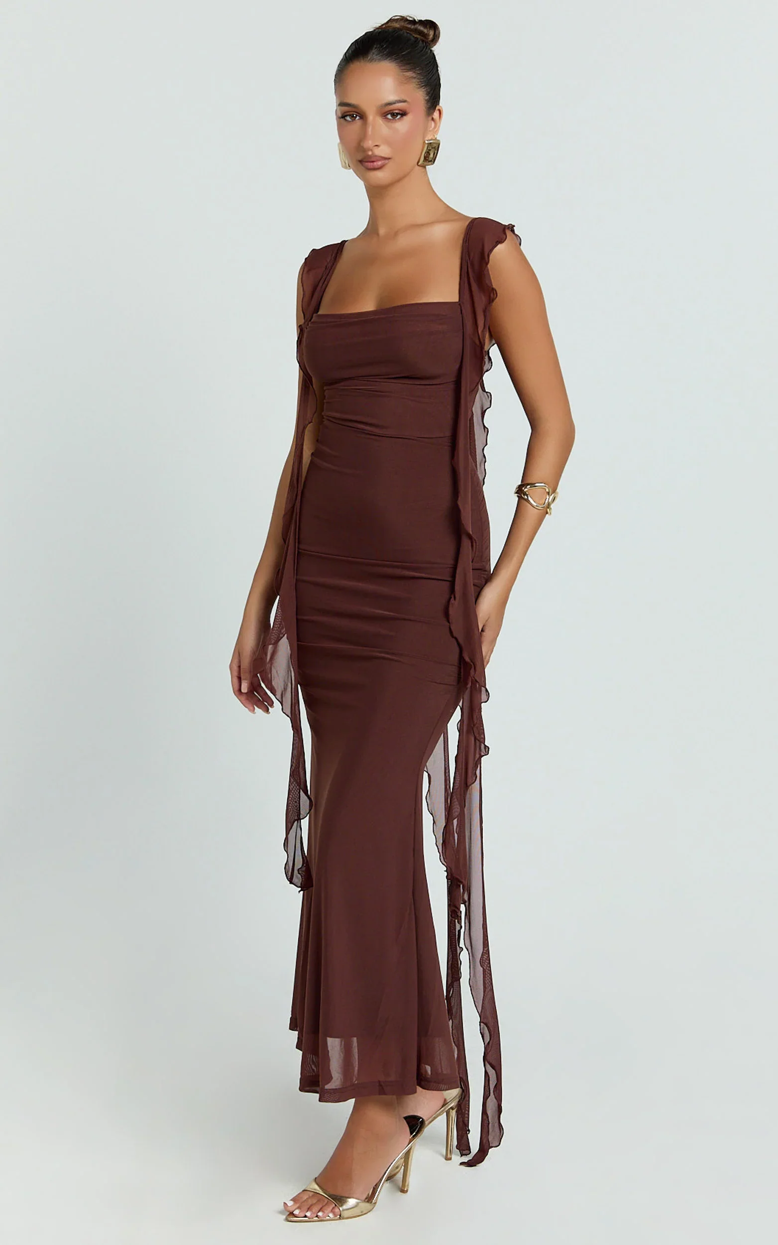 Rosha Midi Dress - Ruffle Strap Dress in Chocolate
