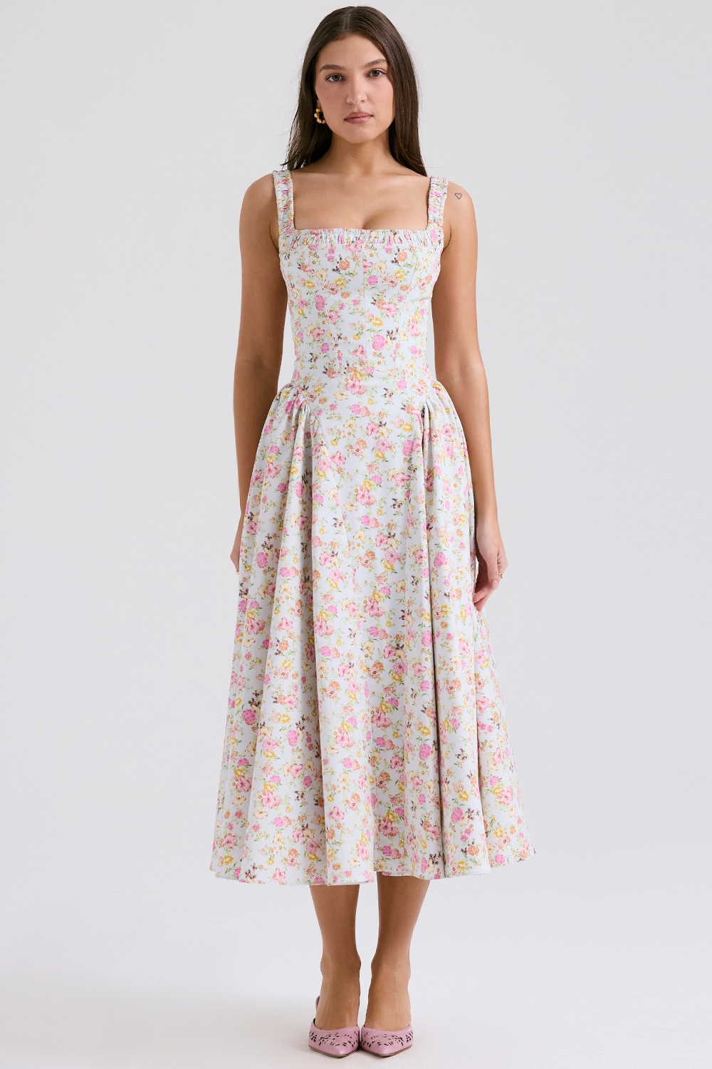 pale blue meadow print cotton midi sundress