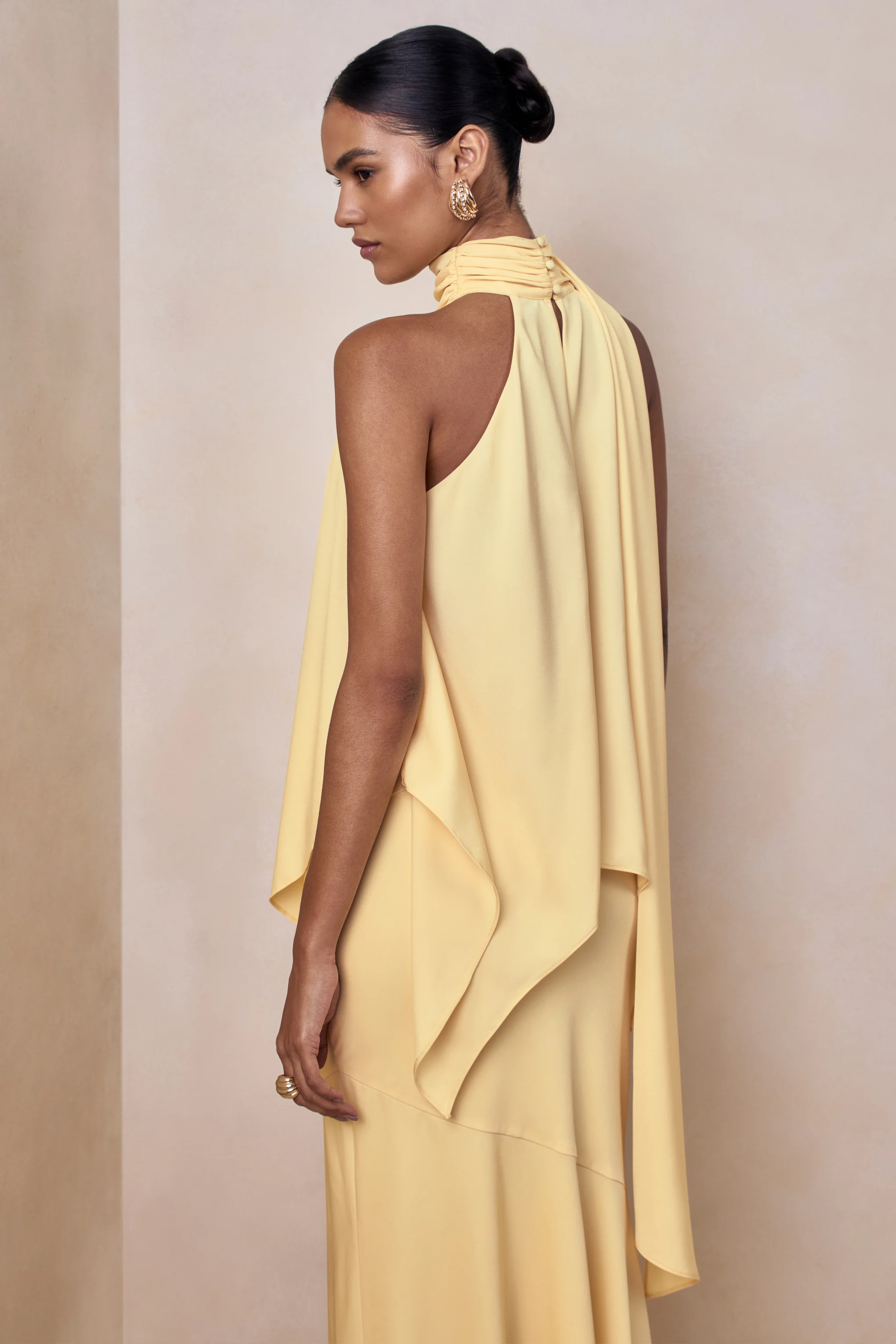 Vayla | Lemon Matte Satin Asymmetric Drop-Waist Maxi Skirt