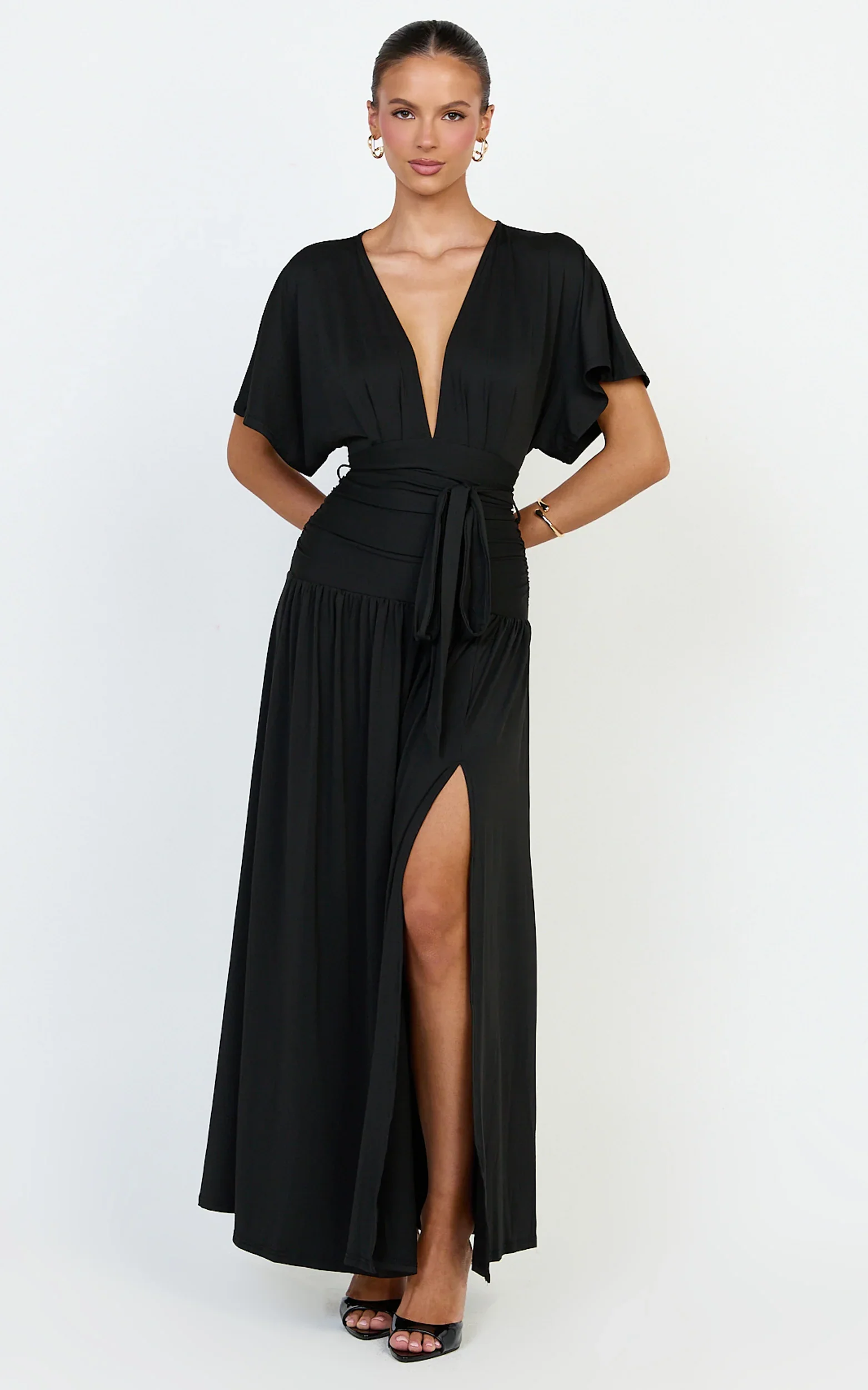 Liana Maxi Dress - Wide Sleeve Tie Waist Maxi Dress in Black