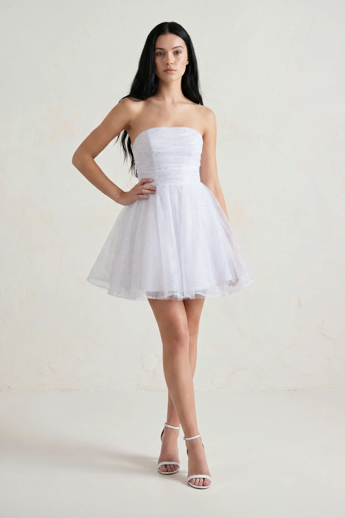 White A Line Strapless Glitter Tulle Ruffled Homecoming Dresses with Bow
