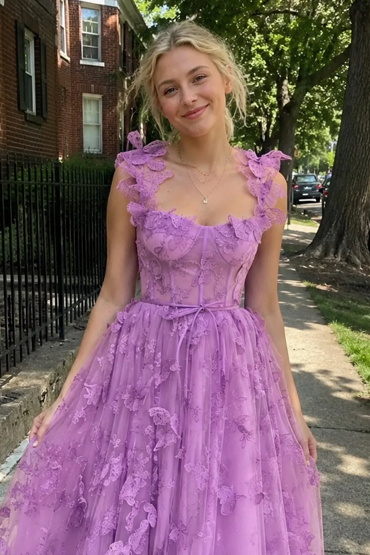 Aline Tulle Midi Prom Dress with 3D Butterflies