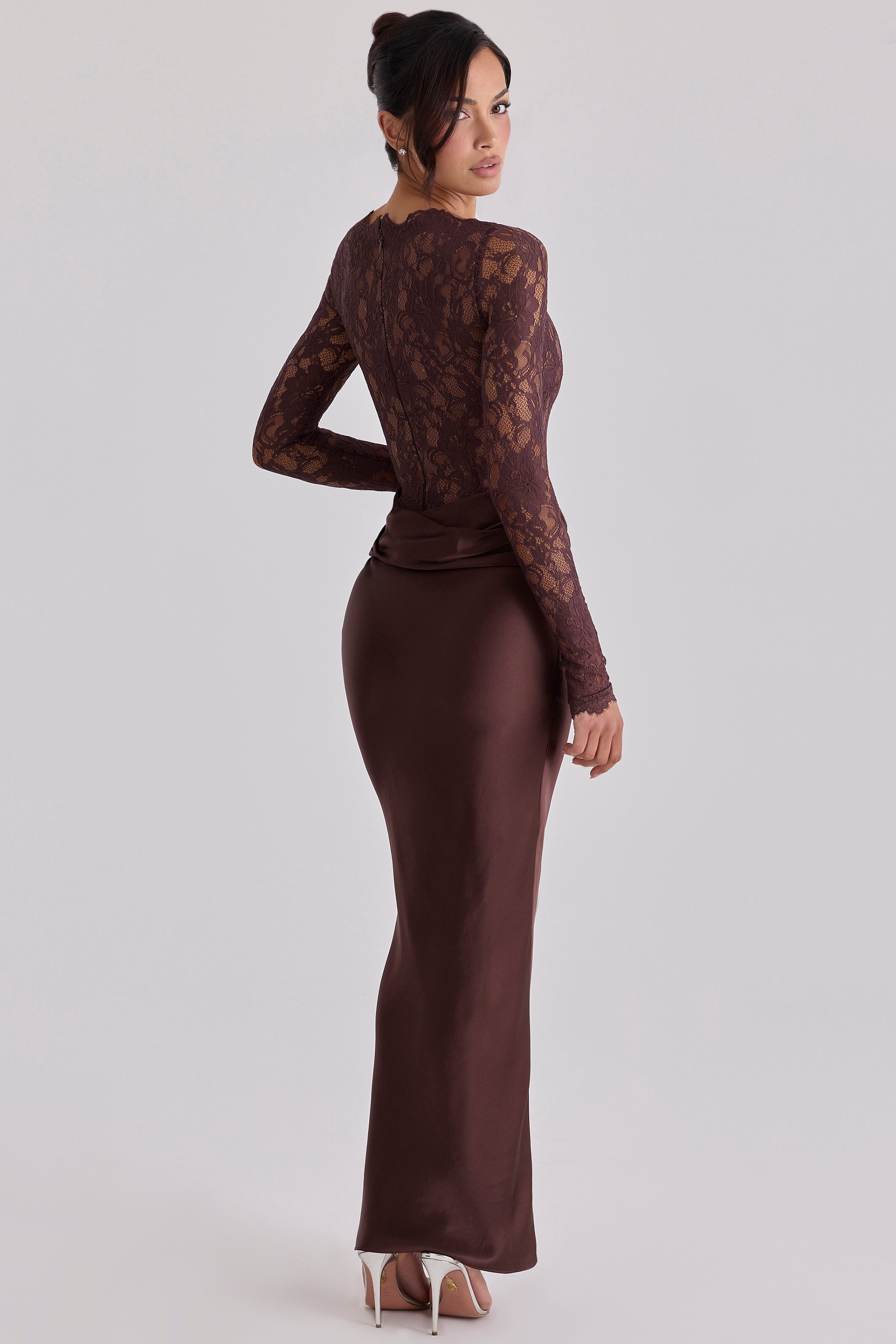 espresso brown lace + satin draped maxi dress